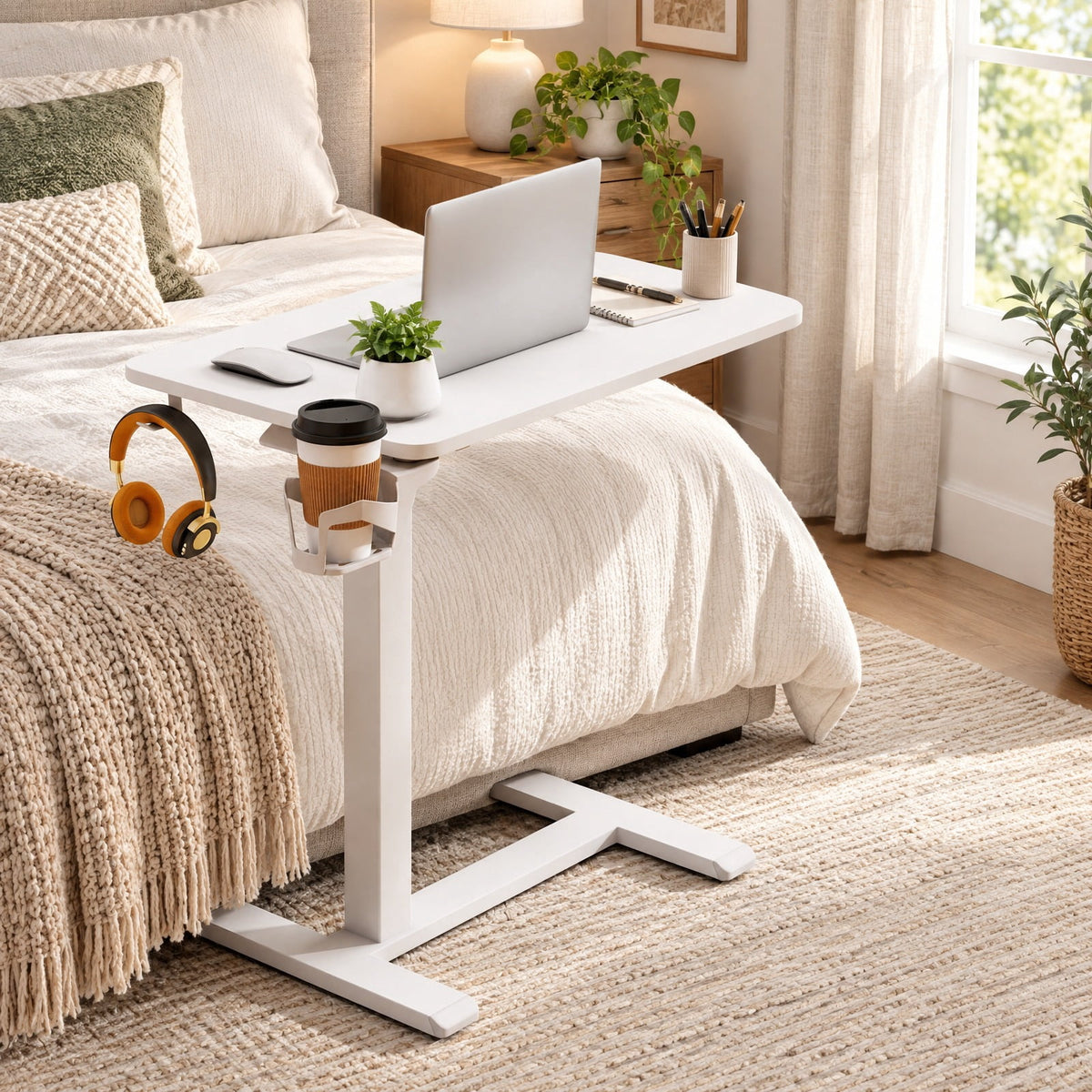 Airfind Mobile Standing Desk Height Adjustable Overbed Bedside Table with Cup Holder, 90 lbs Capacity, Engineered Wood Frame, White