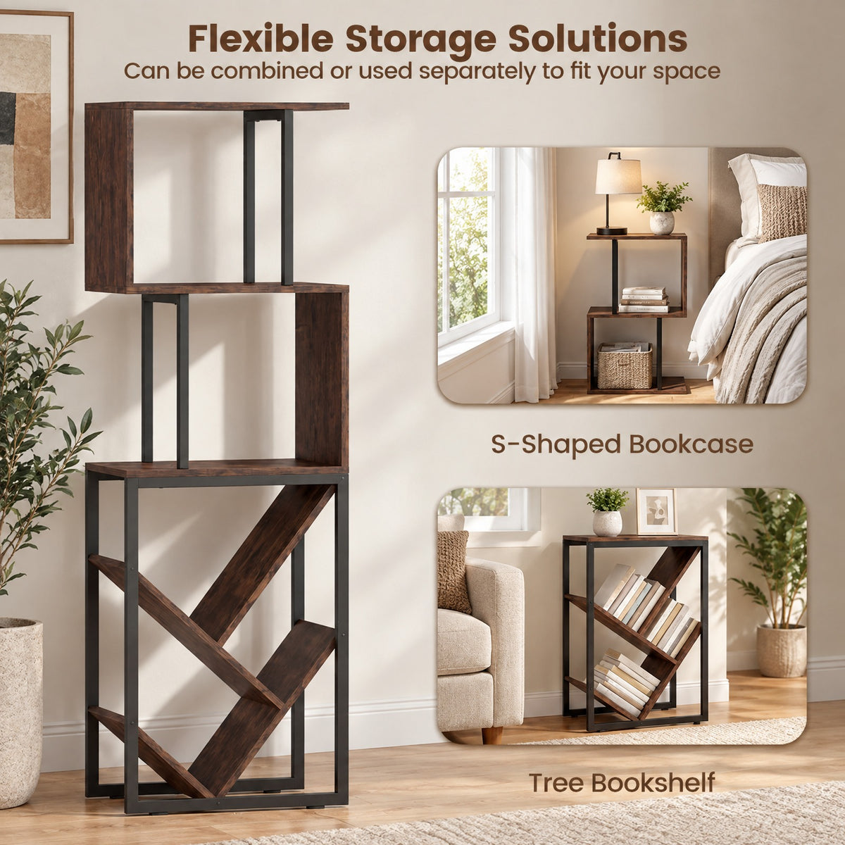 Airfind 6-Tier Bookshelf Floor Standing Tree S-Shaped Geometric Bookcase with Open Shelves, 44 lbs Capacity, Engineered Wood Metal Frame, Brown
