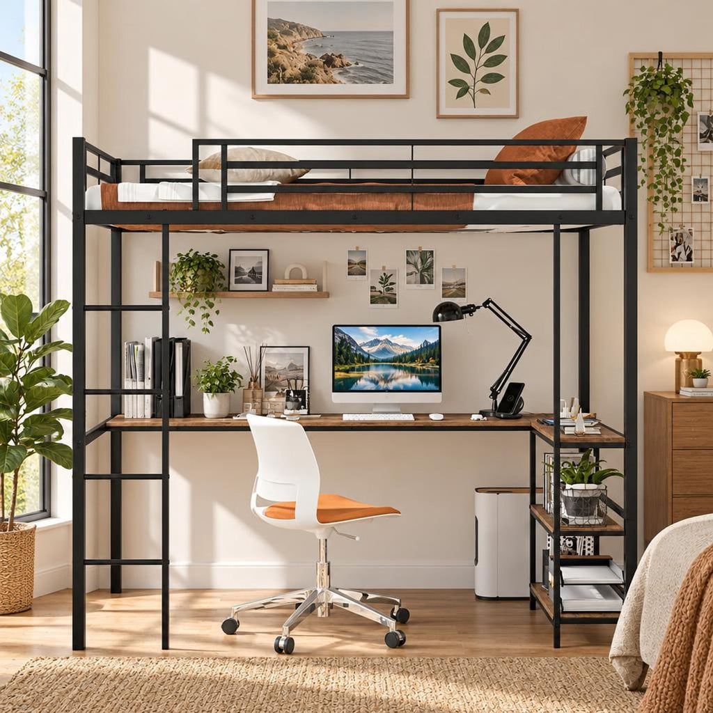 Airfind Twin Size Loft Bed Raised Platform Bed with Desk and 2 Storage Shelves, 440 lbs Capacity, MDF Metal Frame, 78 x 41.5 x 71 Footprint