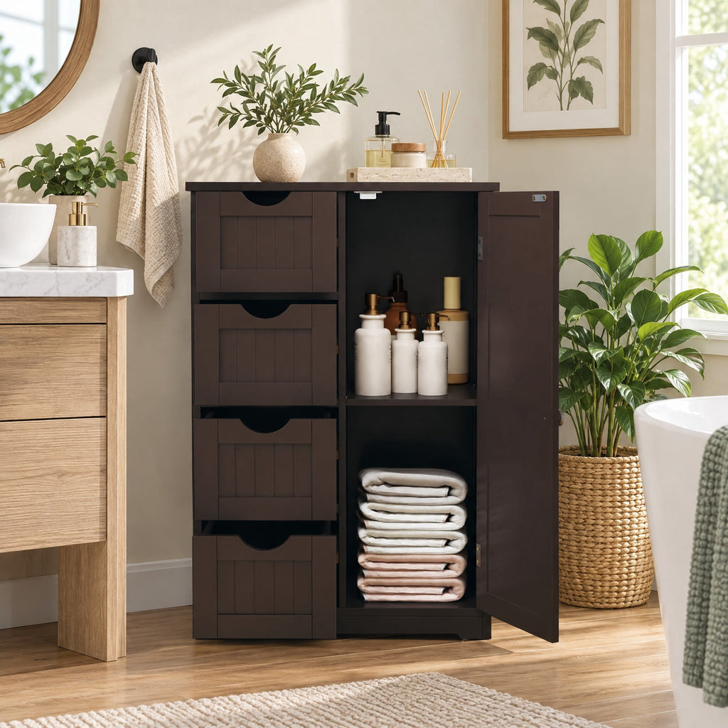 Airfind Standing Indoor Wooden Cabinet with 4 Drawers, 143 lbs Capacity, MDF Engineered Wood Frame, 21.5 Inch x 12 Inch x 32.5 Inch Footprint, Brown