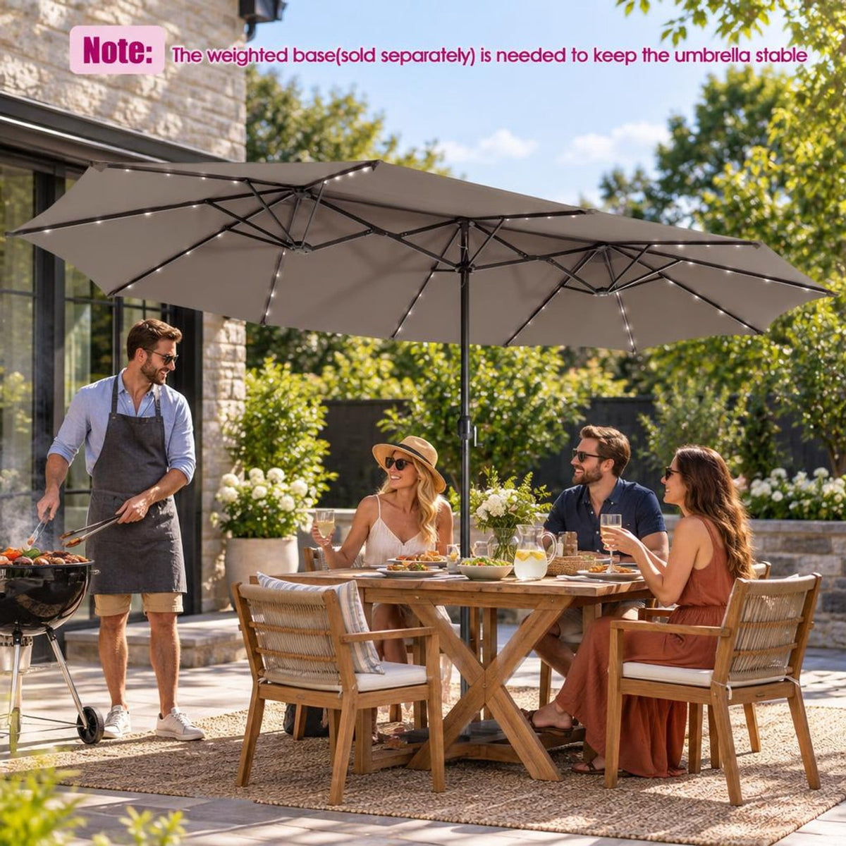 Airfind 15 Feet Twin Patio Umbrella with 48 Solar LED Lights, Steel polyester fabric Frame, 15.4 x 9.2 x 8 (L x W x H) Pole Footprint, Brown