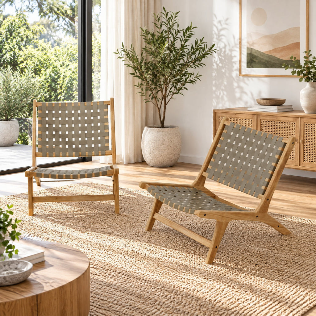 Airfind Modern Armless Teak Wood Lounge Chair with Nylon Woven Backrest and Seat, 240 lbs Capacity, Teak Wood Nylon Frame, Brown
