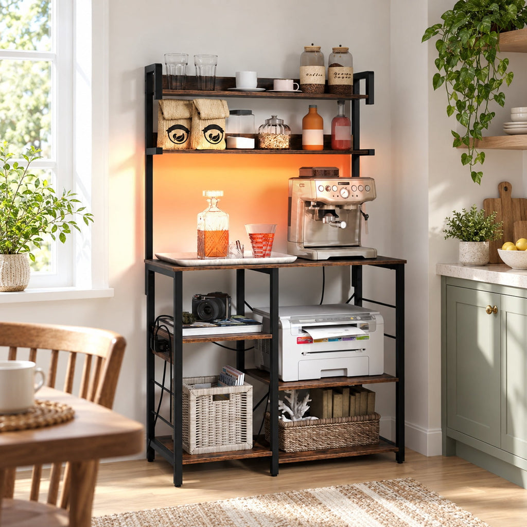 Airfind Kitchen Bakers Rack with Power Outlet 5-Tier Microwave Oven Stand with LED Lights, Top Shelf 4.5 lbs Capacity, Engineered Board Metal Frame