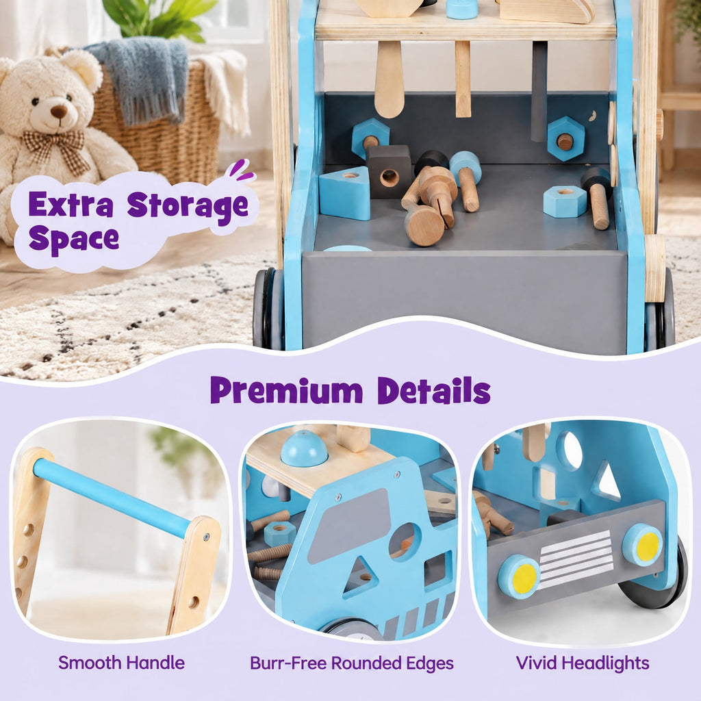 Airfind 2-in-1 Wooden Baby Walker with Adjustable Speed and Bottom Storage, MDF Frame, for 3+ Years Old, 16in x 12.5in x 16.5in Footprint, Blue