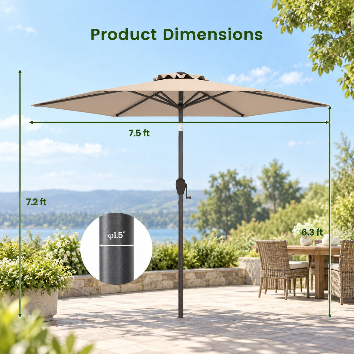 Airfind 7.5 feet Outdoor Patio Heavy Duty Market Umbrella with Push Button Tilt, Metal Polyester Frame, Tan