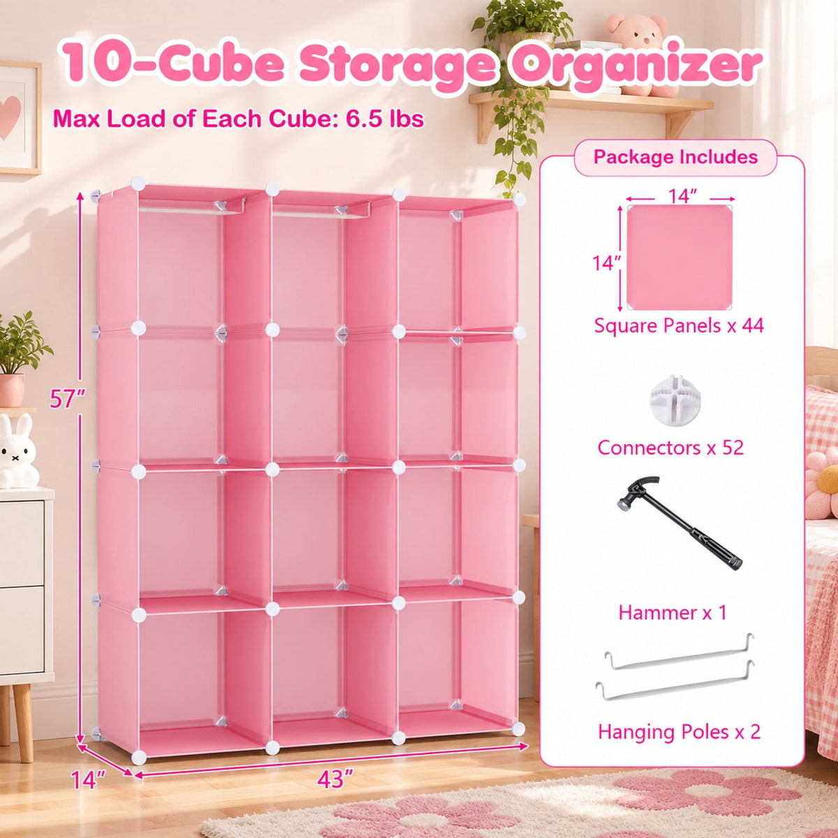 Airfind Modular Baby Wardrobe with 10 Cubes Hanging Rod and Shelves Stackable, 6.5 lbs Capacity, PP Frame, 43 x 14 x 57 Footprint, Pink