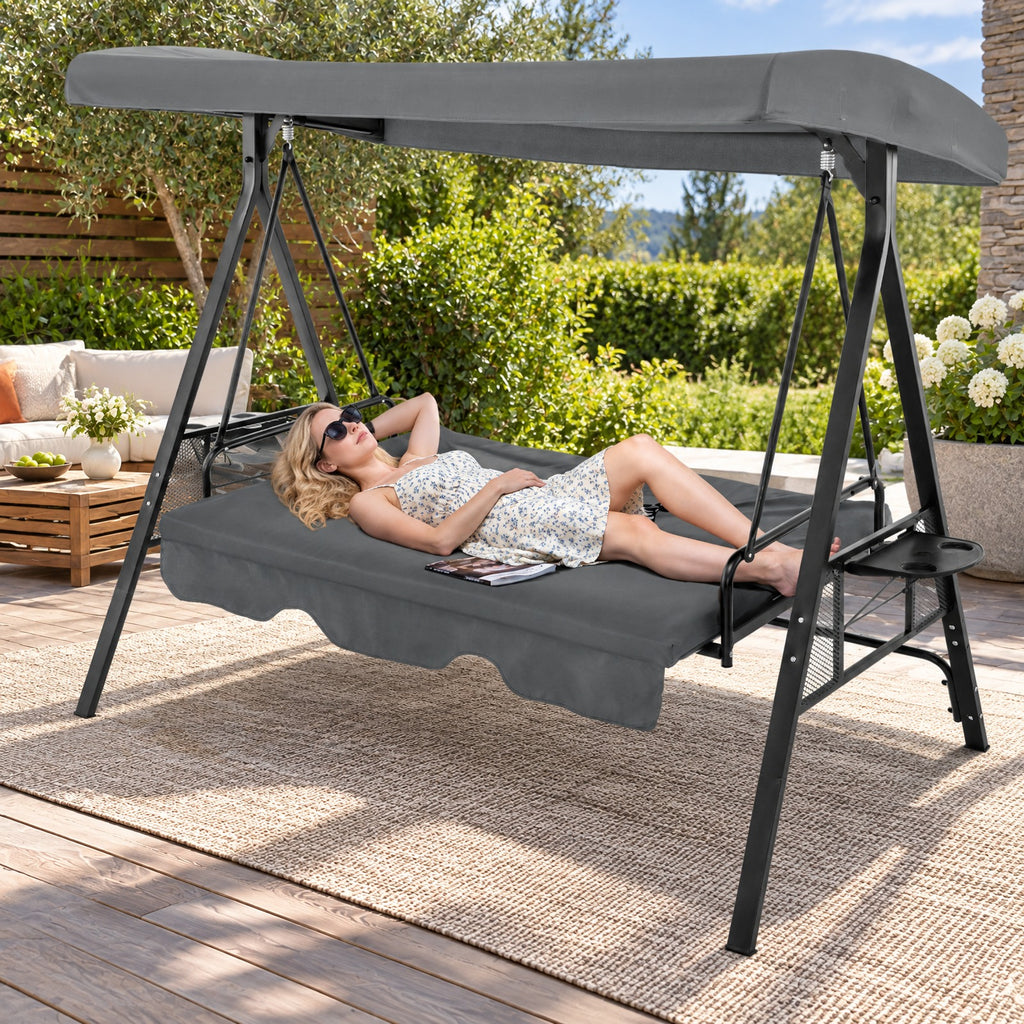Airfind Convertible 3-Seat Patio Porch Swing Chair to Flat Bed with Adjustable Canopy, 1000 lbs Capacity, 80 x 51 x 67 Footprint, Gray
