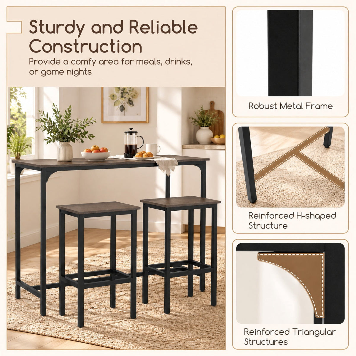 Airfind Industrial 3-Piece 47.5 Counter-Height Dining Table and 2 Bar Stools, 200 lbs Capacity, Metal Engineered Board Frame, Gray