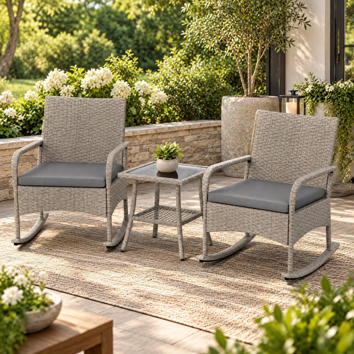Airfind 3-Piece Wicker Rocking Bistro Set with Cushions for Garden Backyard Porch, of Chair 400 lbs Total Capacity, PE Rattan Frame, Gray