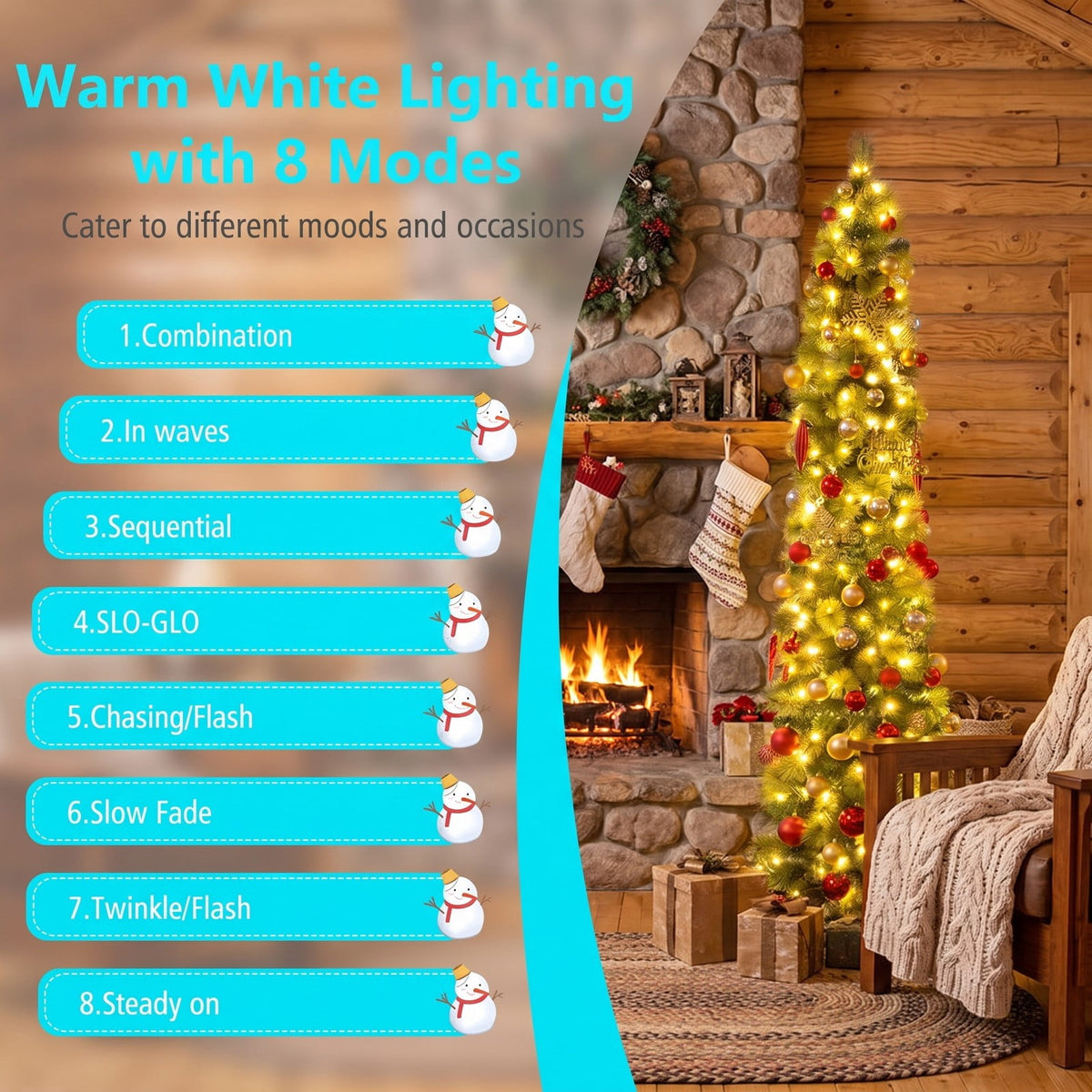 Airfind 6/7/8 FT Pre-Lit Pencil Artificial Christmas Tree with 120/150/200 LED Warm White Lights and 8 Modes, White