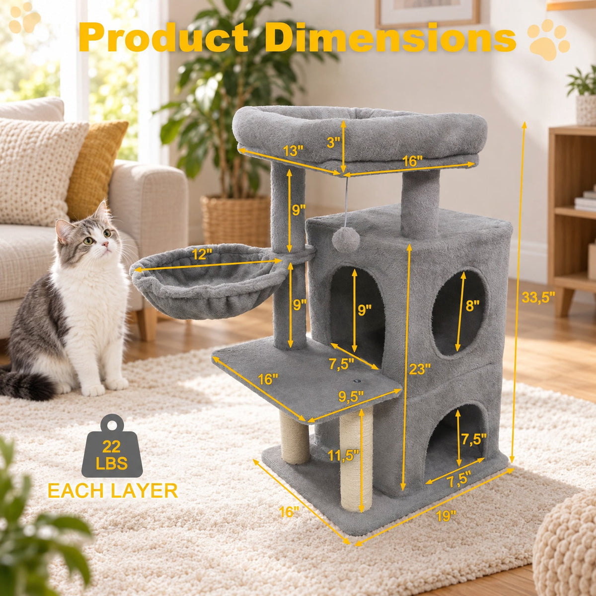 Airfind 33.5 Inch Cute Kitten Tower with 2-Tier Condo and Padded Top Perch, 22 lbs Capacity, Engineered Board Sisal Plush Fabric PP Polyester Frame