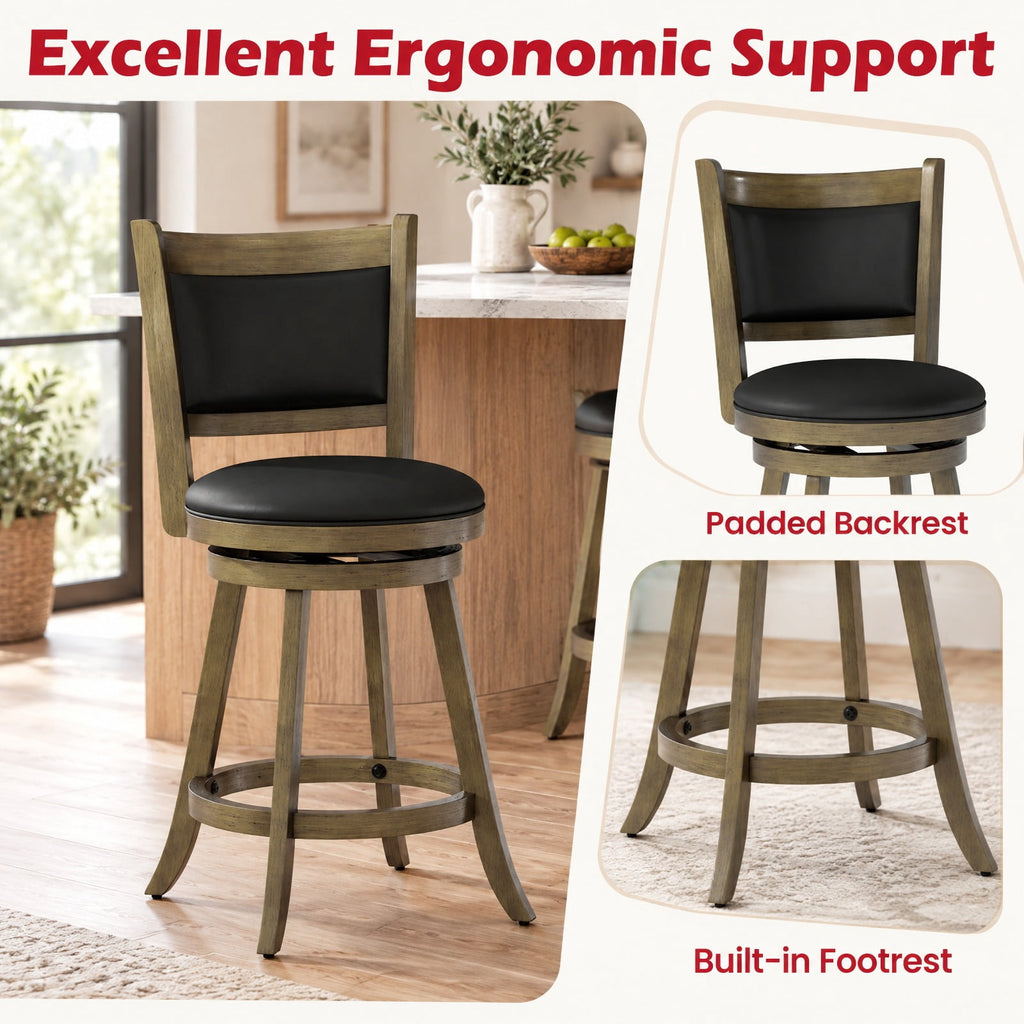 Airfind 2 Pieces 24 Inch Swivel Counter Stool Dining Chair Upholstered Seat, 264 lbs Capacity, 17.5 x 19 x 38 Footprint, Gray