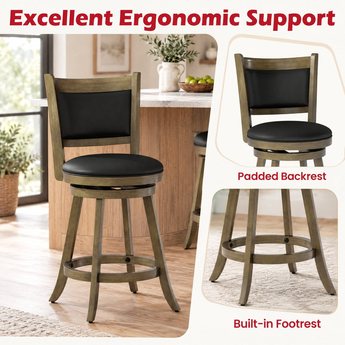 Airfind 2 Pieces 24 Inch Swivel Counter Stool Dining Chair Upholstered Seat, 264 lbs Capacity, 17.5 x 19 x 38 Footprint, Gray