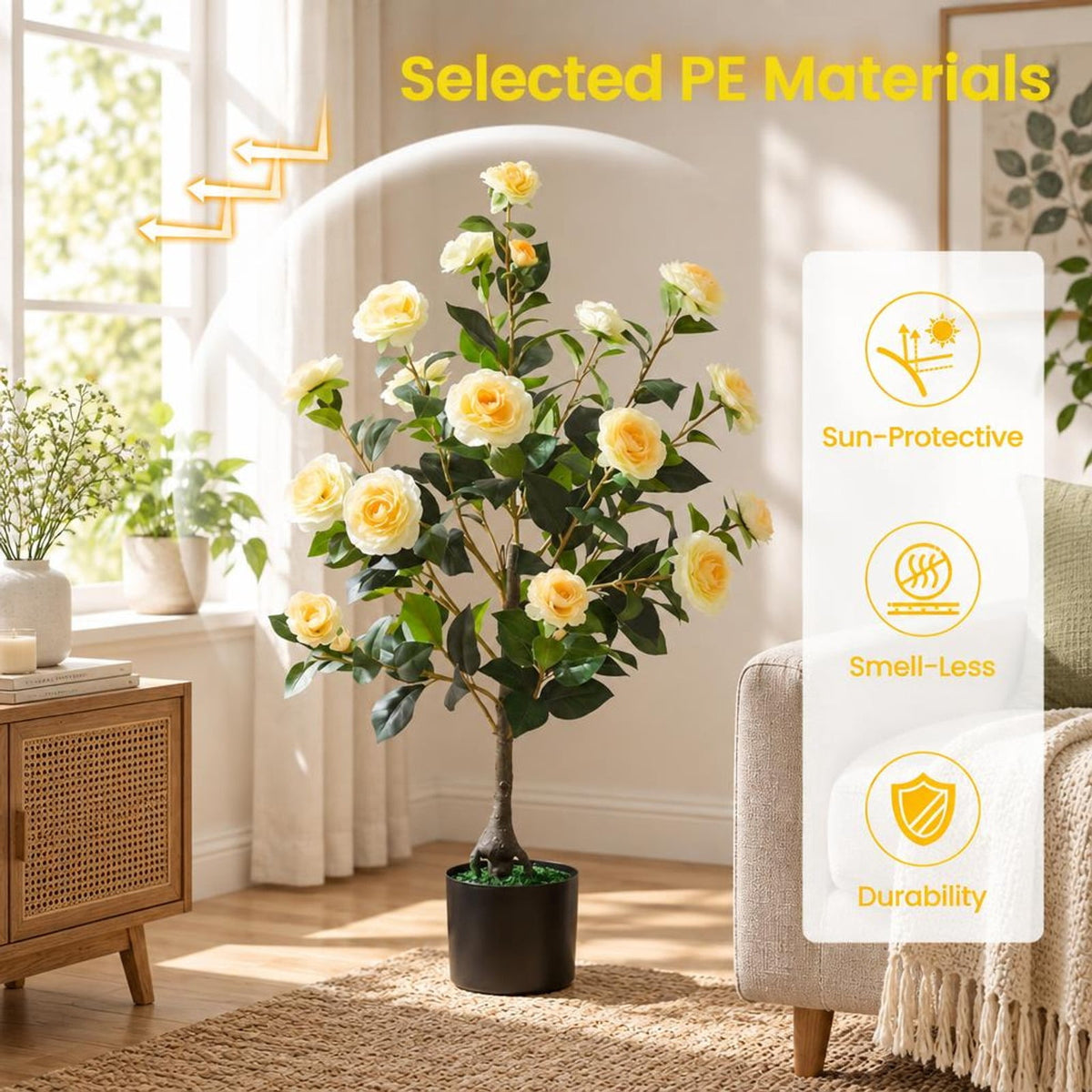 Airfind 2-Pack Artificial Camellia Tree Faux Flower Plant in Cement-Filled Pot, Yellow, offers excellent stability and balance