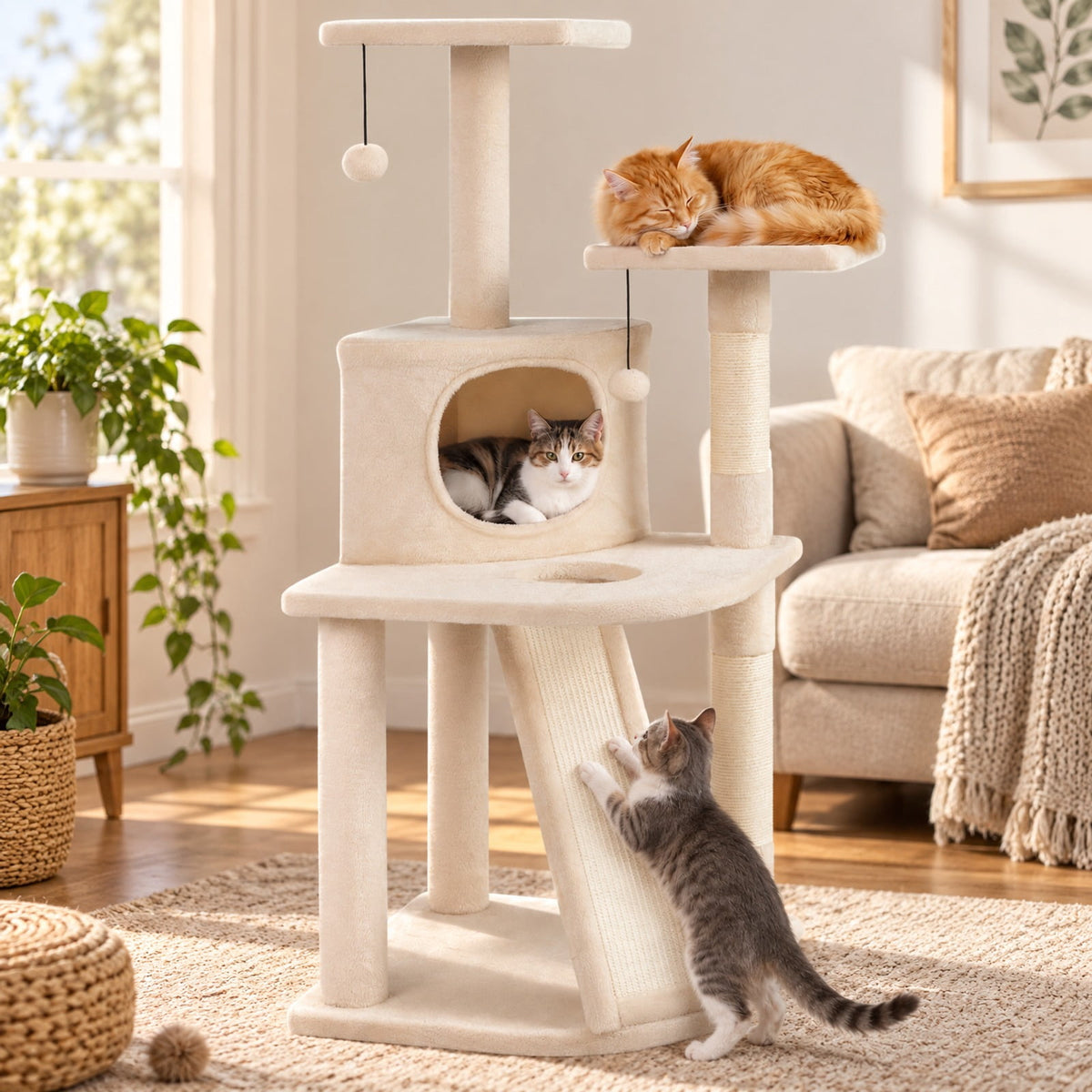 Airfind 44 Inch Tall Kitten Tower with Condo and 2 Plush Perches, 22 lbs Capacity, Engineered Wood Sponge Plush Fabric Sisal Frame, Beige