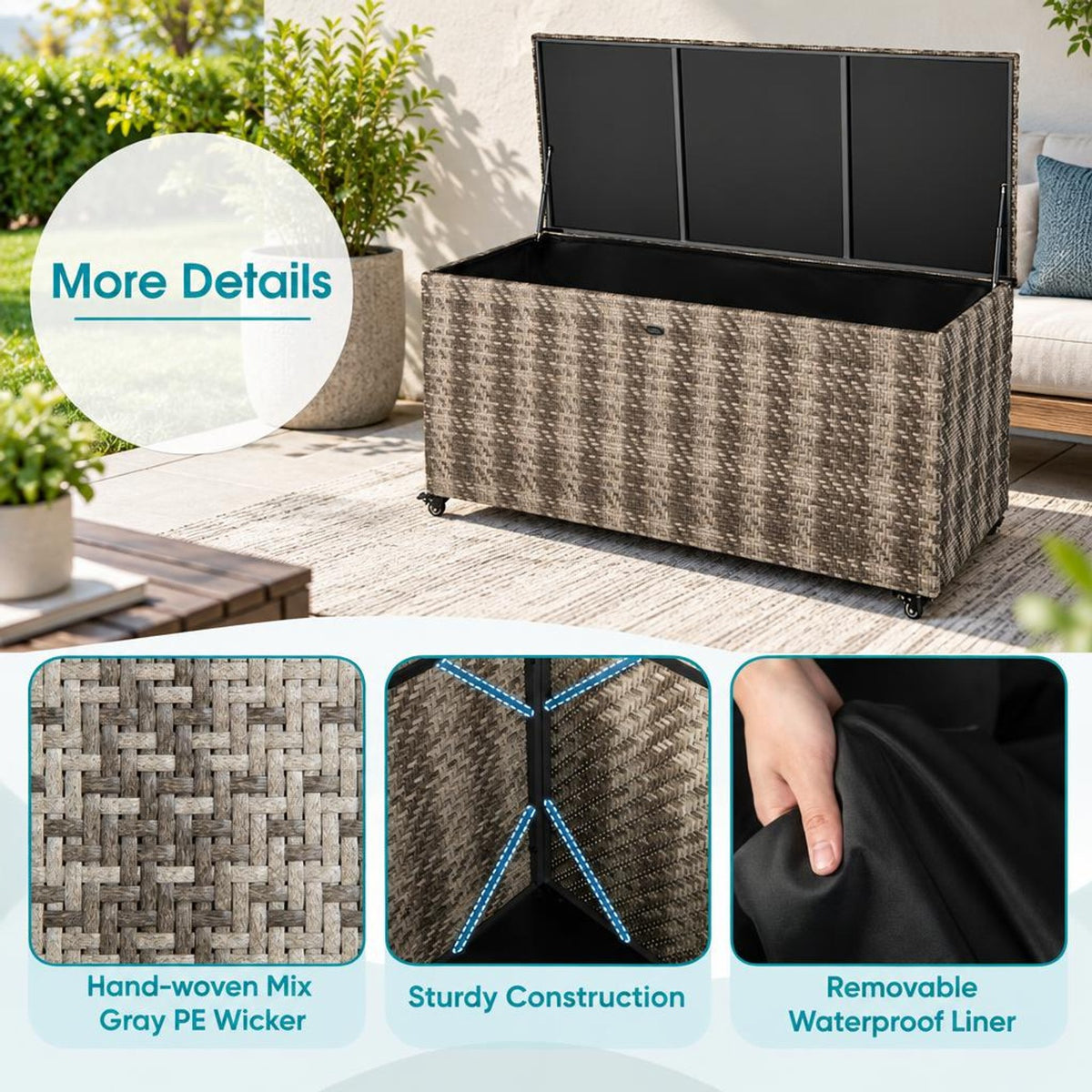 Airfind 96 Gallon PE Wicker Outdoor Storage Box with 4 Wheels, PE Rattan PP Board Metal Polyester Frame, 52 x 22 x 25 Footprint, Gray
