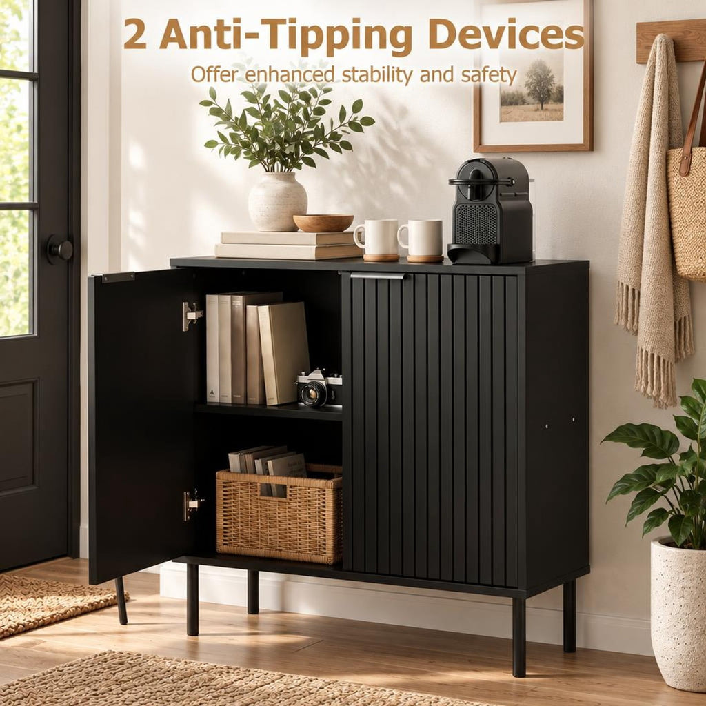 Airfind Fluted Buffet Cabinet with 2-Door Sideboard for Kitchen and Dining Room, Black, Metal legs provide strong and reliable support