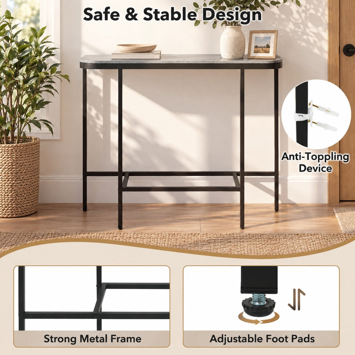 Airfind Console Table 44-Inch Entryway Table with Faux Marble Tabletop and Heavy-Duty Metal Frame, 66 lbs Capacity, Metal Sintered Stone Frame, Gray