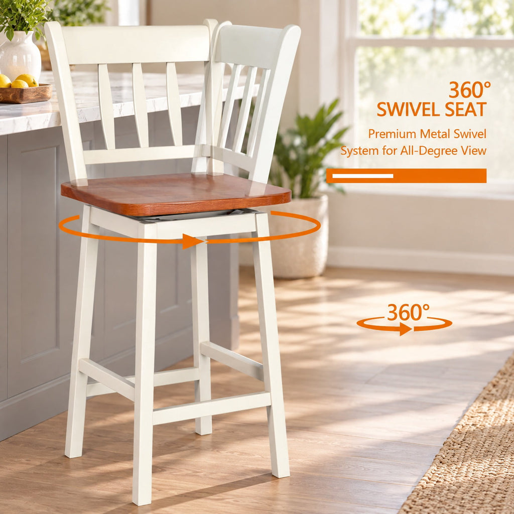 Airfind 24.5 Inches Set of 2 Swivel Bar Stools with 360° Swiveling, Rubber wood metal Frame, White, Product dimension 16 Inch x 18 Inch x 38.5 Inch (L x
