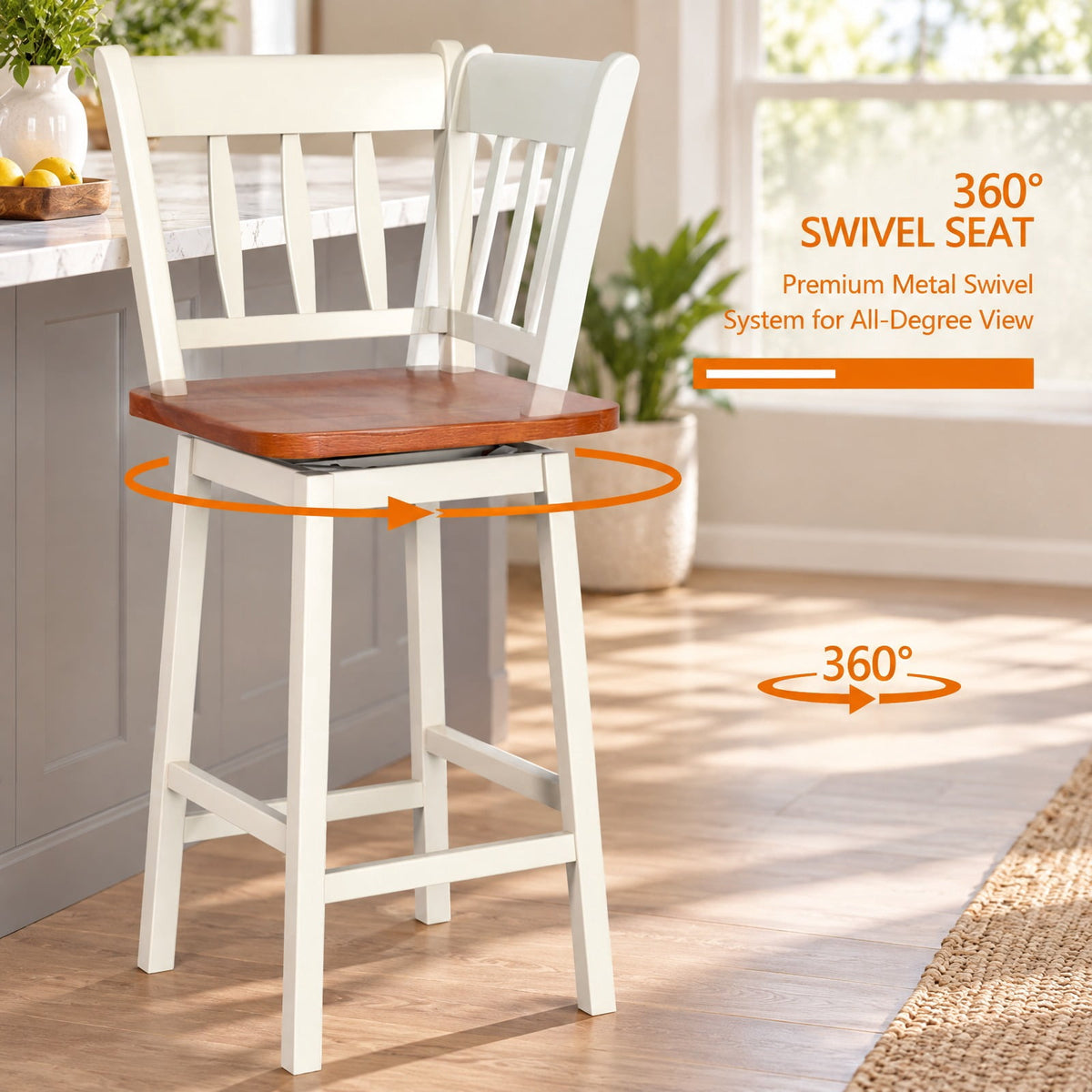 Airfind 24.5 Inches Set of 2 Swivel Bar Stools with 360° Swiveling, Rubber wood metal Frame, White, Product dimension 16 Inch x 18 Inch x 38.5 Inch (L x