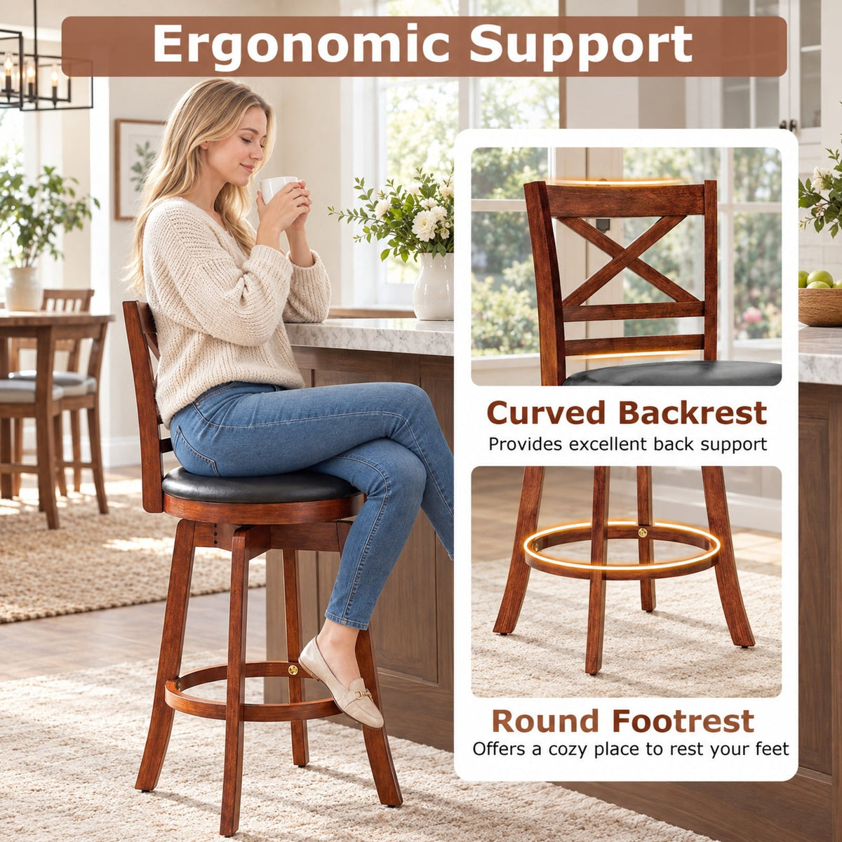 Airfind Swivel Barstools Set of 2 with Backrest and Footrest-24 Inches, 350 lbs Capacity, Rubberwood PU MDF Sponge Frame, Antique Walnut + Black