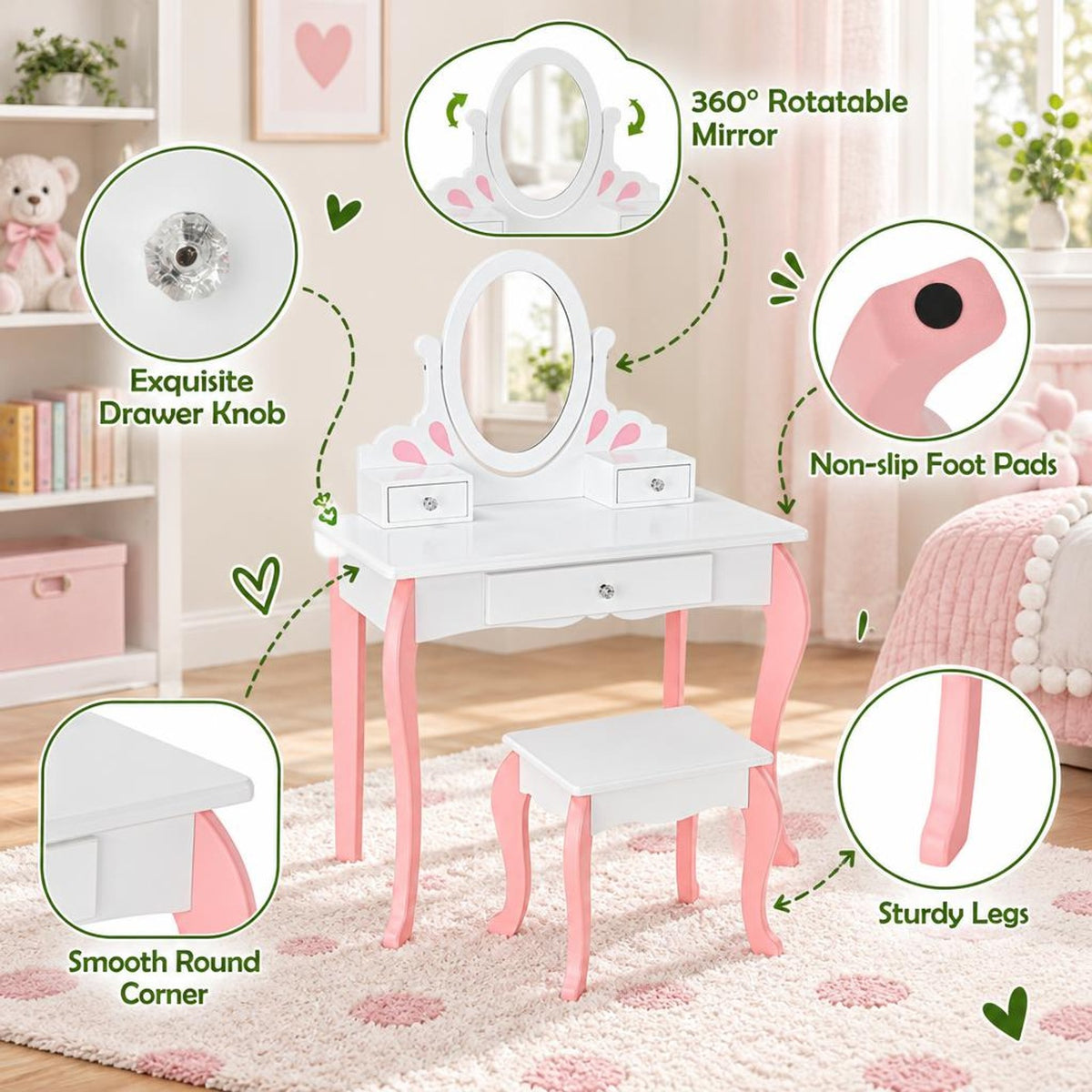 Airfind Kids Vanity Princess Makeup Dressing Table Stool Set with Mirror and Drawer, 44 lbs Capacity, MDF Frame, White