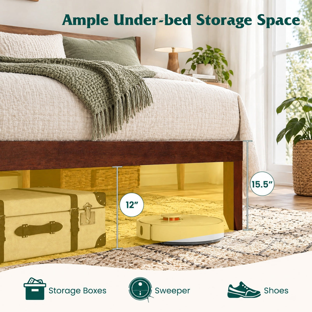 Airfind Queen Size Bed Frame 15.5 Inch Solid Wood Platform Bed with Retro Headboard, 550 lbs Capacity, Plywood Rubber Wood Metal Frame, Wood