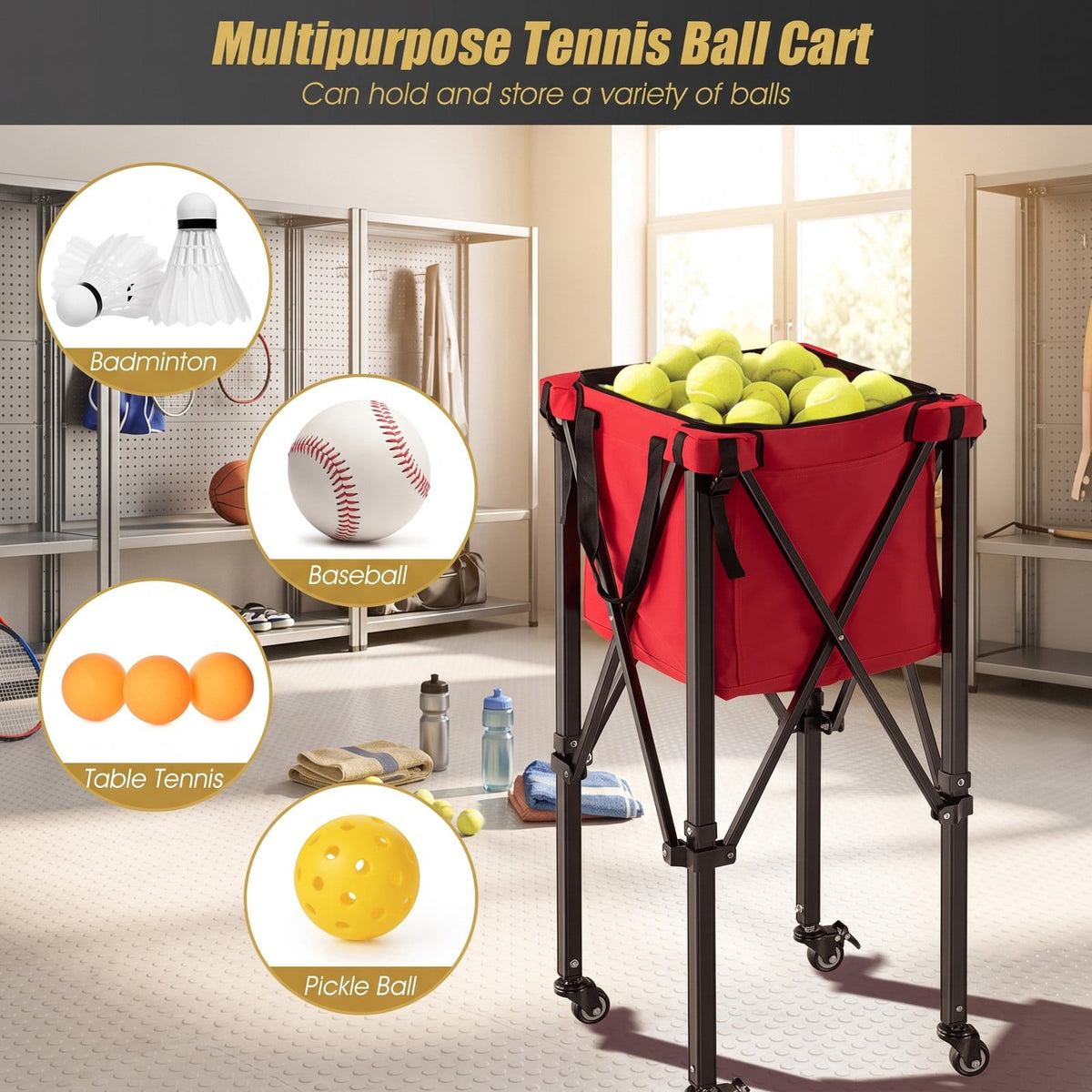 Airfind Foldable Tennis Ball Cart with Wheels and Removable Bag, Lightweight Aluminum Teaching Hopper Holds 150 Balls for Tennis Pickleball Badminton, Red