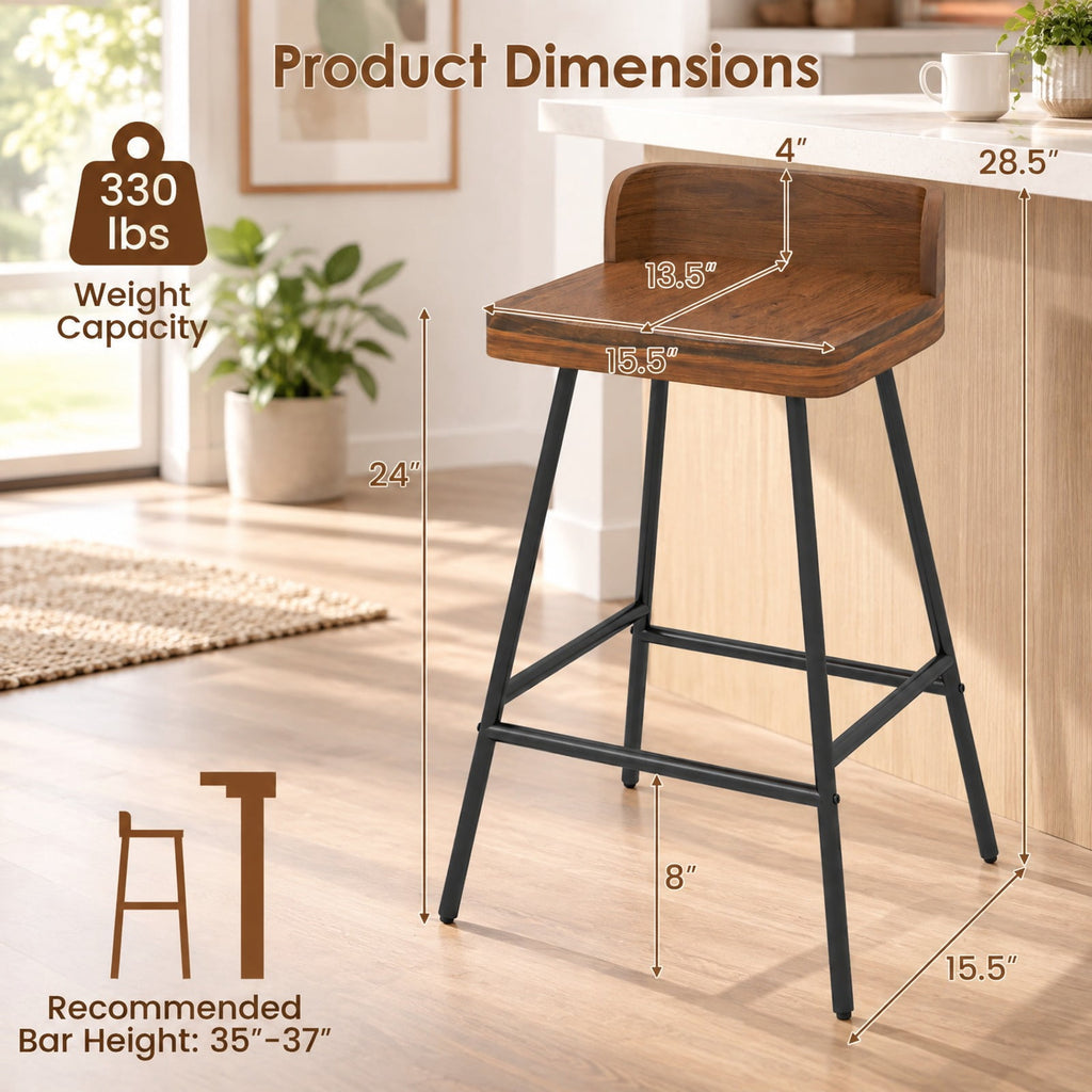 Airfind 24 Inch Industrial Rubber Wood Bar Stool with Low Back Metal Legs and Footrest, 330 Lbs Capacity, Rubber Wood Metal, Brown