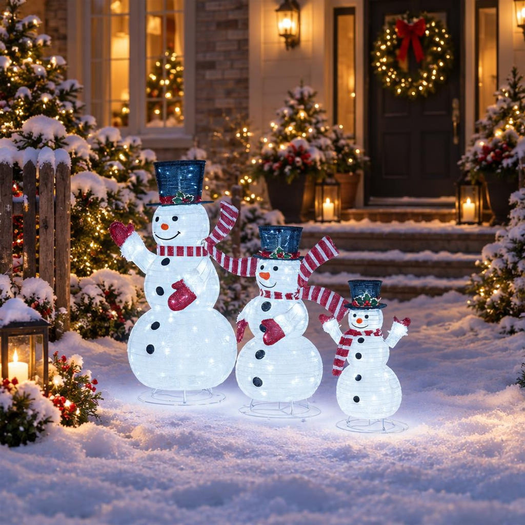 AIRFIND Pre Lit Snowman Decorations Set of 3, 3D Outdoor Christmas Display with Metal Frames and 270 LED Lights, Multi Color