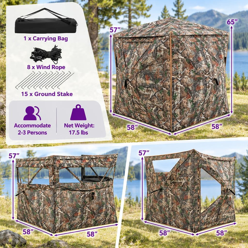 Airfind 5-IN-1 Detachable Hunting Blind for 2-3 People with Skylight, 150D Oxford Fabric PU Coating Fiberglass Pole Frame, Camouflage