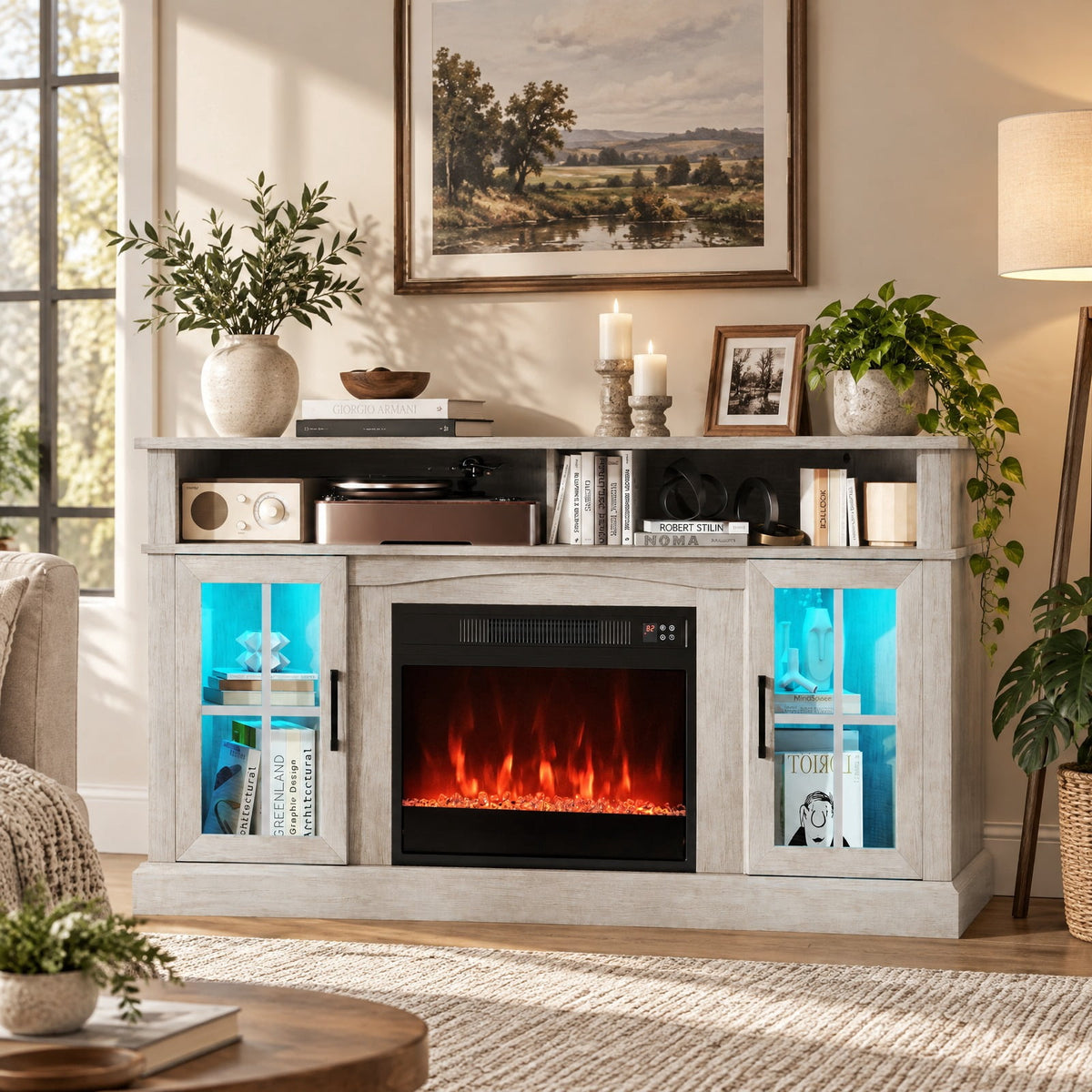 Airfind 58 Inch Fireplace TV Stand with LED Lights with Storage Cabinets and Glass Doors, 70 lbs Capacity, MDF Metal Tempered Glass Frame, Gray