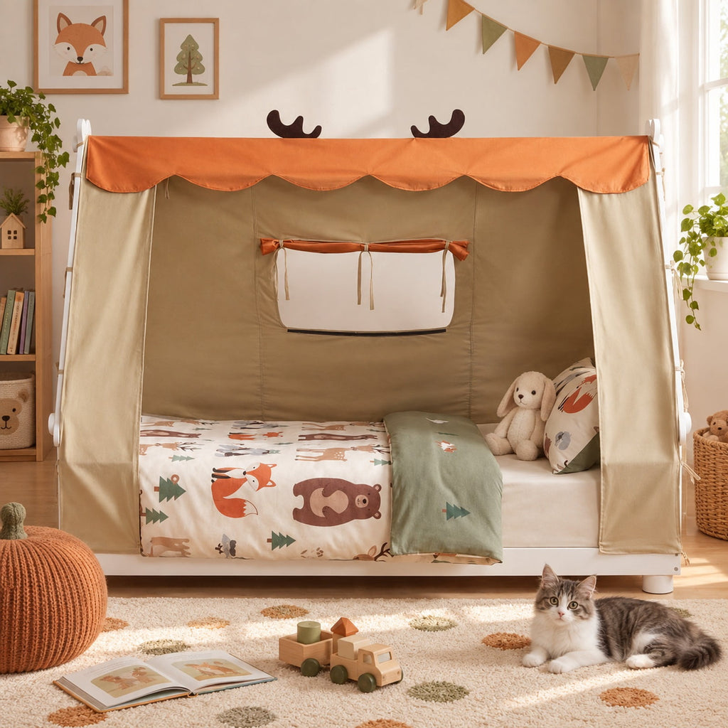 Airfind Twin Size House Floor Wood Bed with Tent, 350 lbs Capacity, Pine Wood Plywood Dutch Velvet Fabric Frame, 81 Inch x 41 Inch x 63 Inch Footprint, White