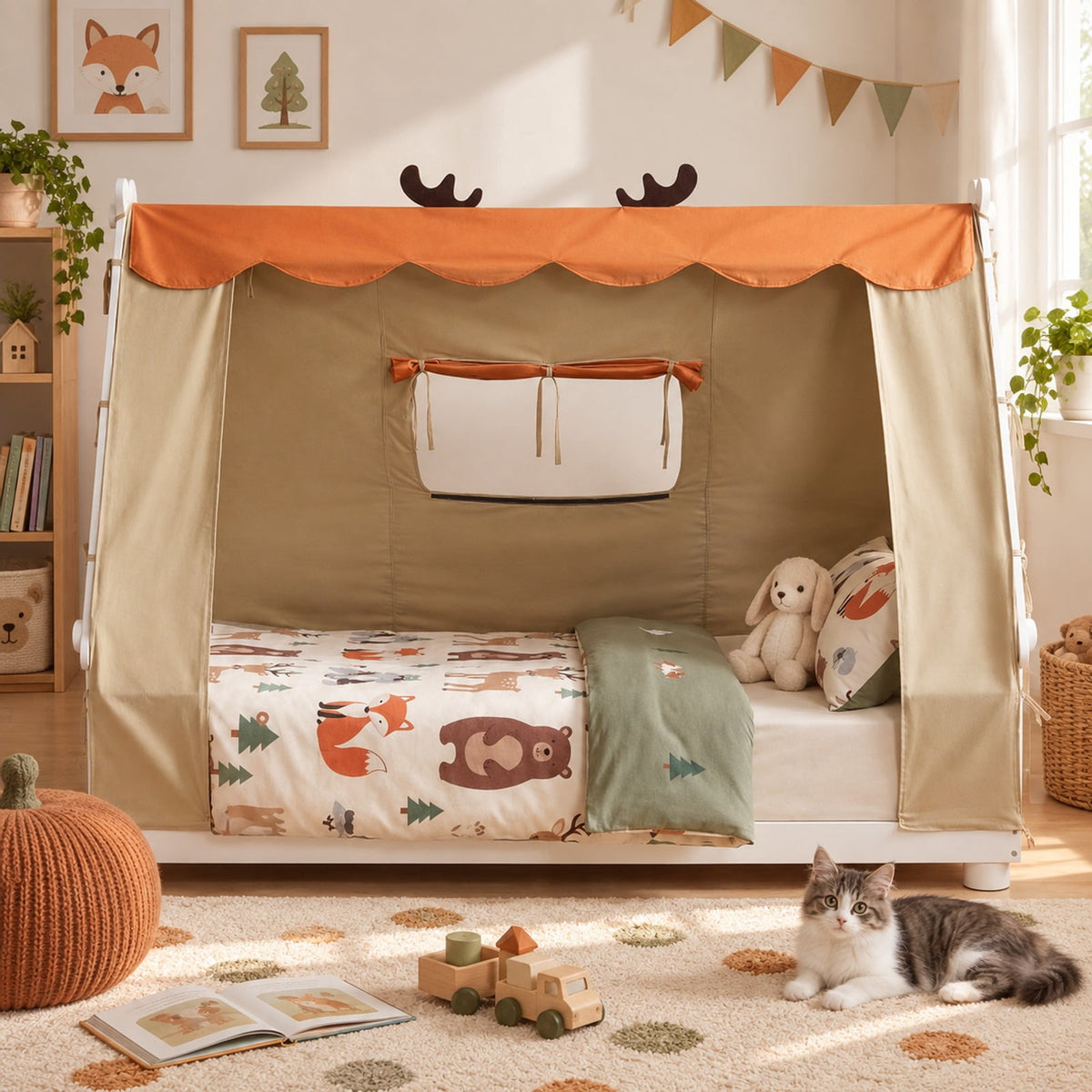 Airfind Twin Size House Floor Wood Bed with Tent, 350 lbs Capacity, Pine Wood Plywood Dutch Velvet Fabric Frame, 81 Inch x 41 Inch x 63 Inch Footprint, White