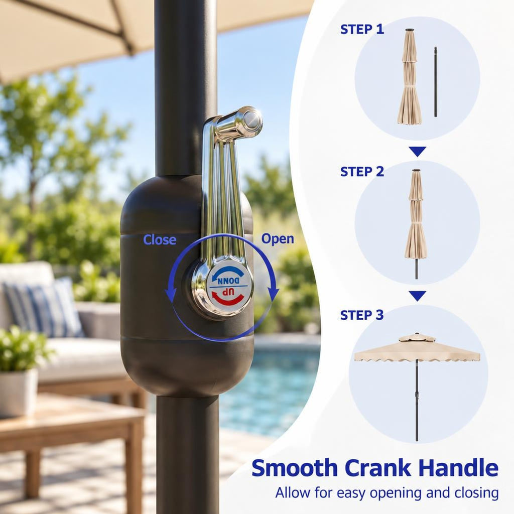 Airfind 9 FT Solar LED Patio Umbrella Push-Button Tilt and Crank 24 LED Lights and 8 Ribs, Polyester Fabric Metal Frame, 9 x 8.2 ft Footprint, Beige