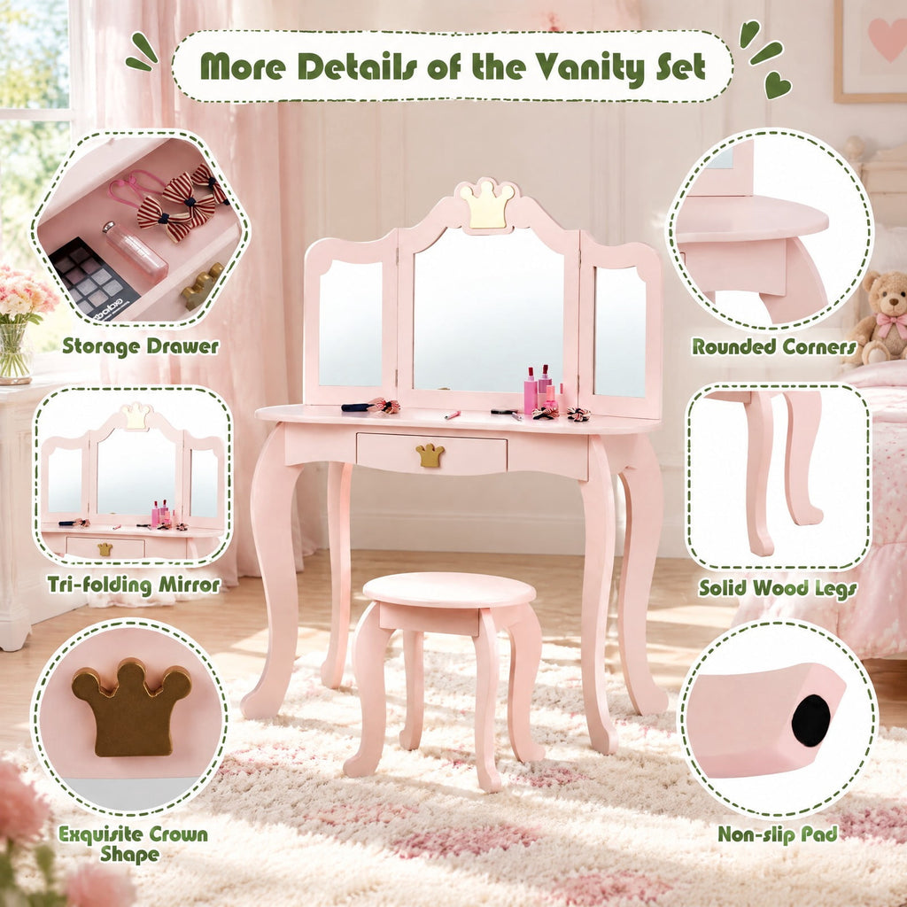 Airfind Kids Makeup Dressing Table with Tri-folding Mirror and Stool, 33 lbs Capacity, MDF pine Frame, 31.5in x 16.5in x 41.5in Footprint, Pink
