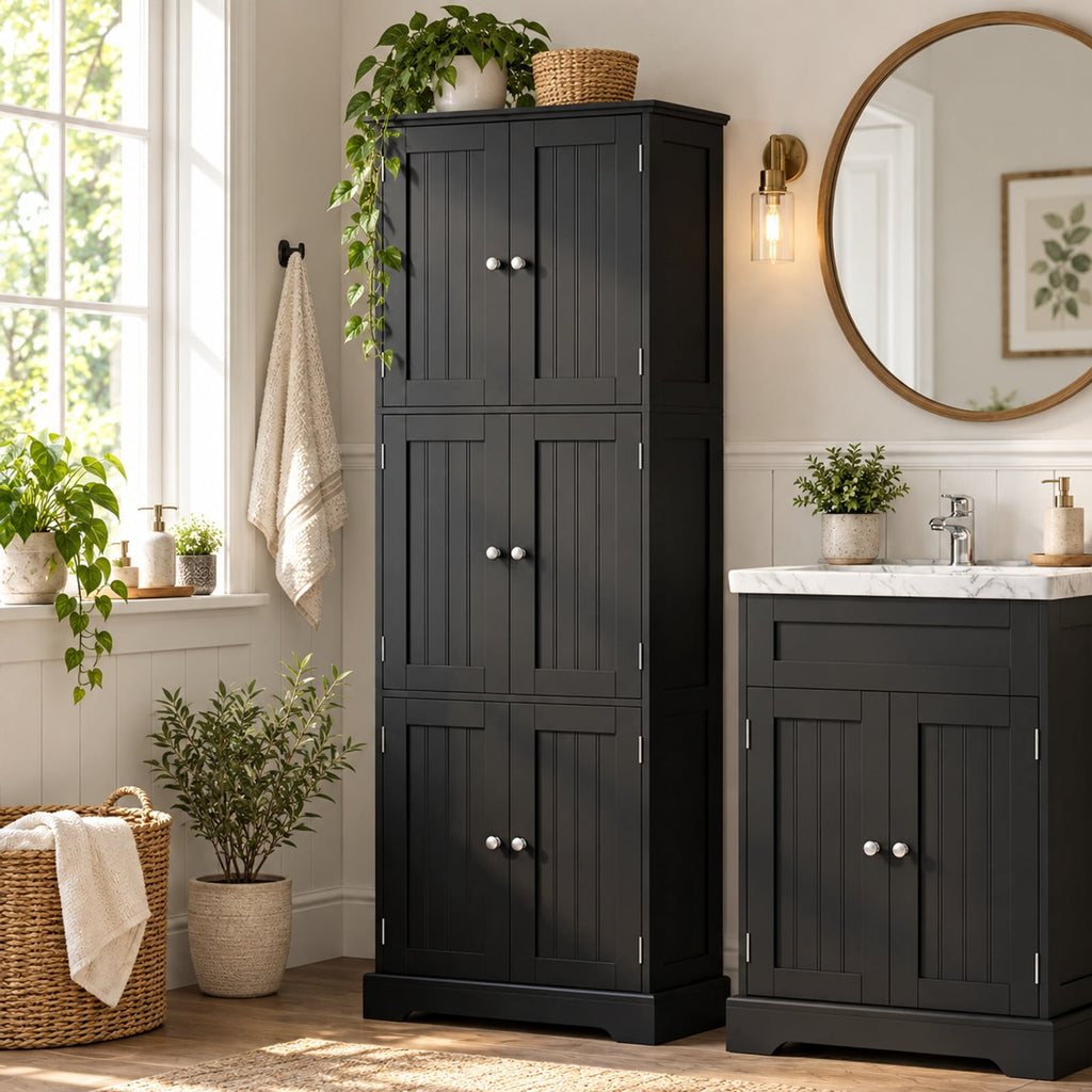 Airfind 63 Inch Tall Bathroom Storage Cabinet with 6 Doors and Adjustable Shelves, 44 lbs Capacity, Engineered Wood Frame, Black