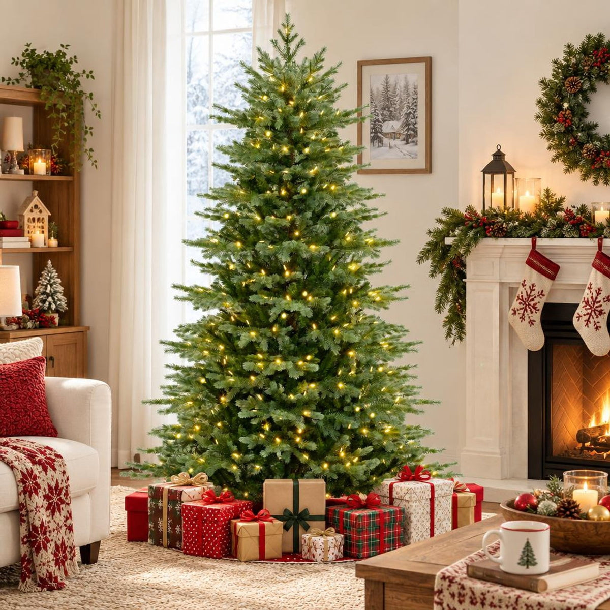 Airfind 7 Feet Artificial Christmas Tree with 3156 Lush PVC Branch Tips and 400 Warm White LED Lights, PVC PE Metal Frame, Green