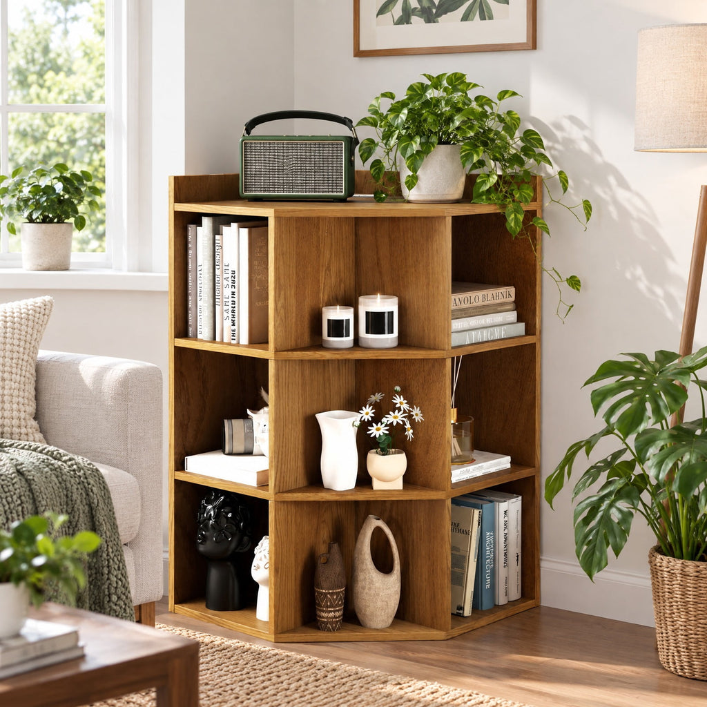 Airfind 3-Tier Corner Cabinet with Charging Station for Bedroom, Engineered Wood Frame, 20 x 20 x 34 inch Footprint, Natural