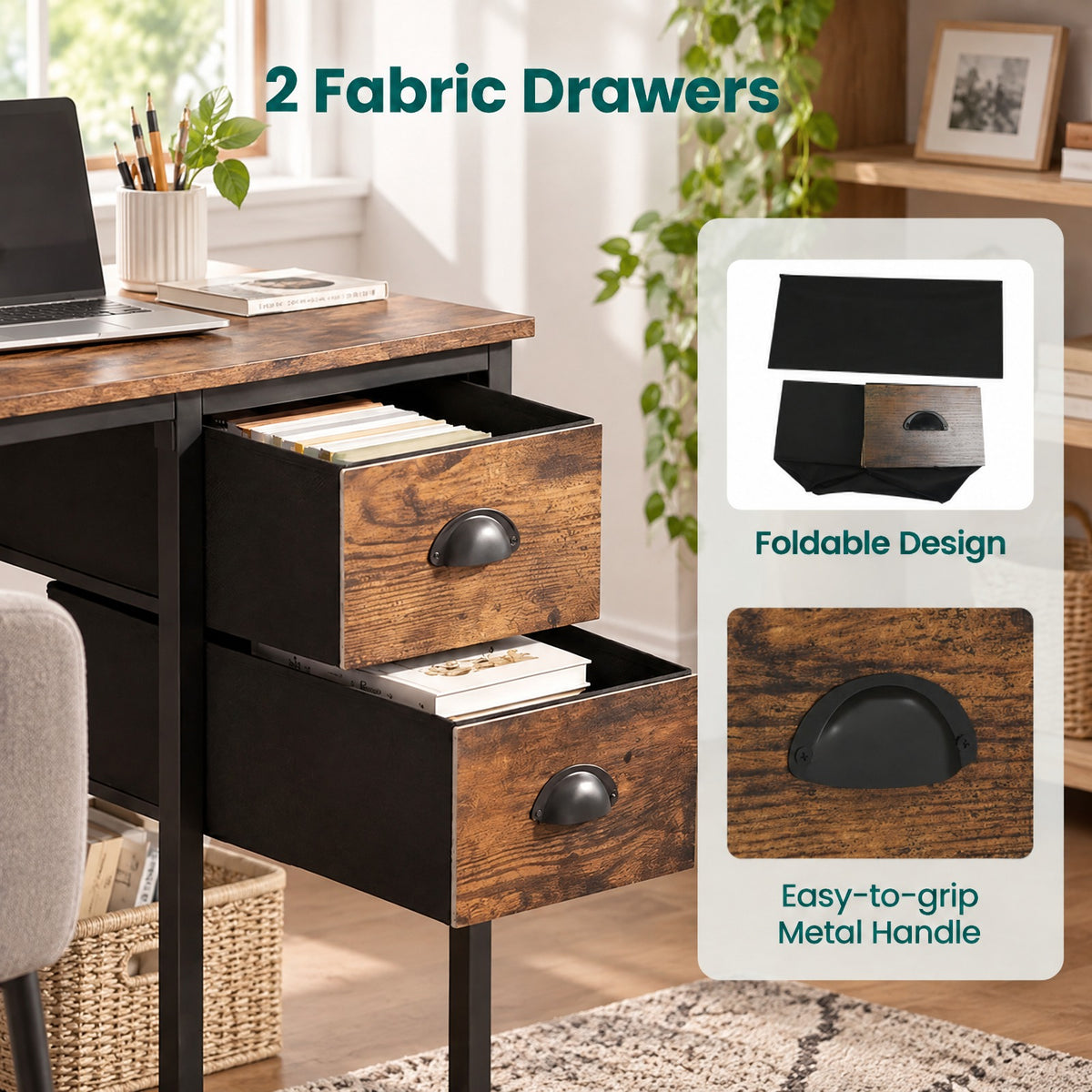 Airfind Computer Desk with Charging Station and 2 Fabric Drawers for Small Spaces, 110 lbs Capacity, Engineered Wood MDF Metal Fabric Frame, Brown