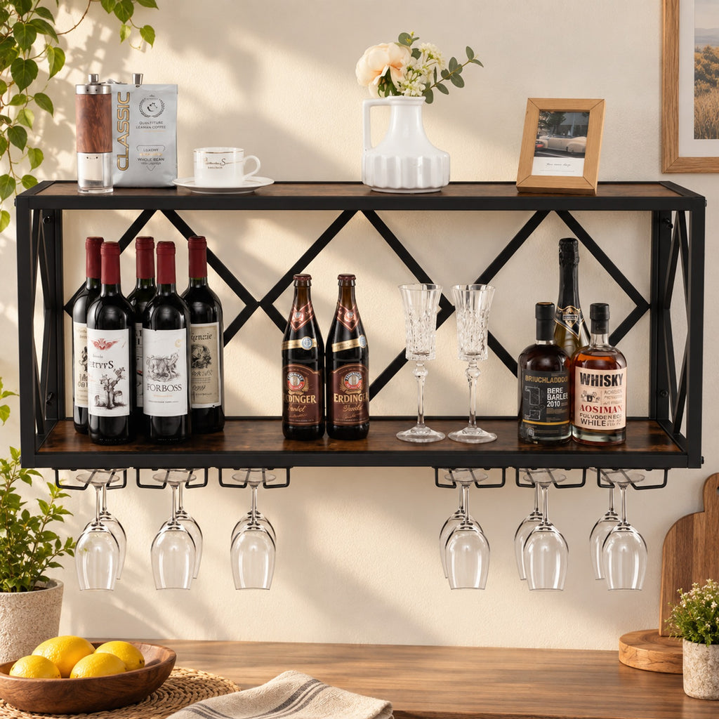 Airfind Wall Mounted Wine Rack for 39 Bottles and 12 Glasses, Shelf 100 lbs Capacity, Metal Engineered Wood Frame, Rustic Brown Black