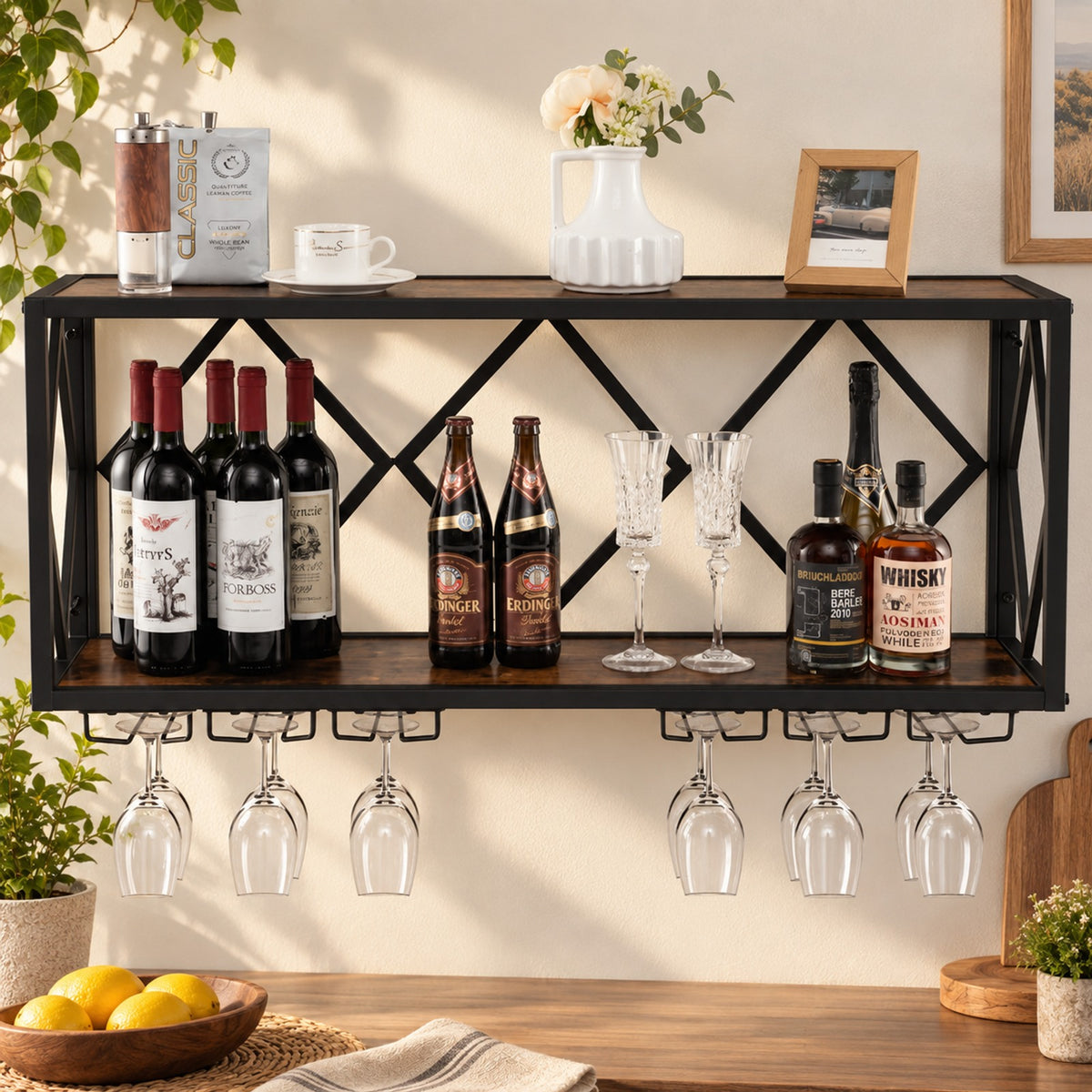 Airfind Wall Mounted Wine Rack for 39 Bottles and 12 Glasses, Shelf 100 lbs Capacity, Metal Engineered Wood Frame, Rustic Brown Black