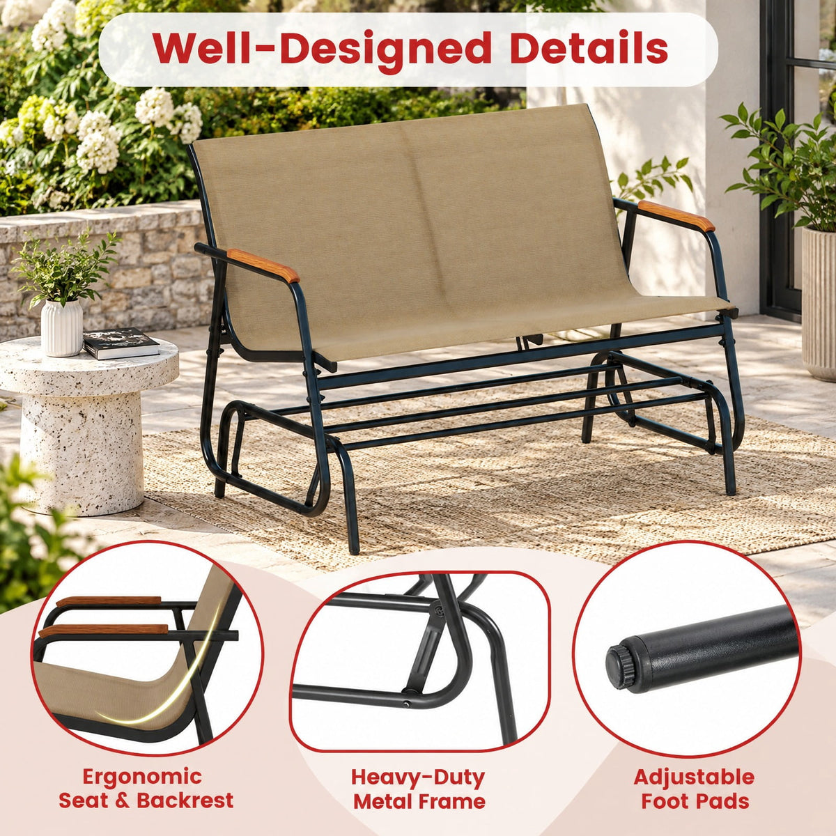 Airfind Patio Glider Bench with Curved Teak Armrests and Breathable Fabric Seat for 2 People, 660 lbs Capacity, Metal Fabric Teak Wood Frame, Brown