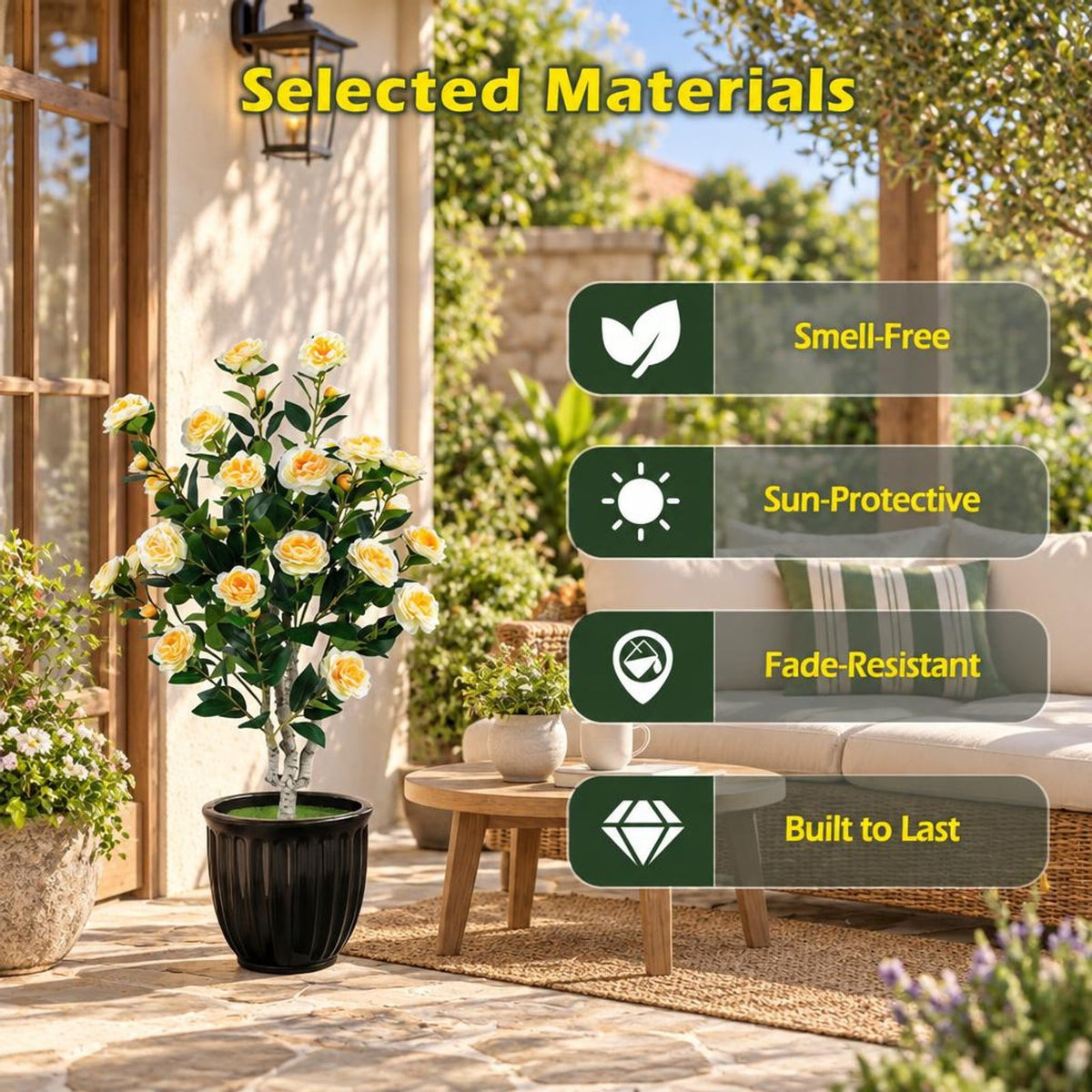 Airfind Set of 2 39.5 Artificial Camellia Tree with Cream Yellow Blossoms in Cement Pot for Decoration, PP Cement PE Fabric Frame, Cream Yellow
