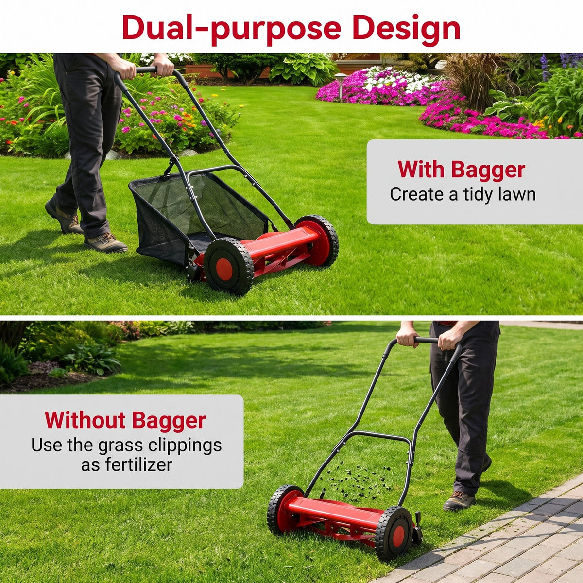 Airfind 16 Inch Push Lawn Mower with 5 Steel Blades and Grass Catcher Bag, Manganese Steel Metal PVC PP Frame, Red