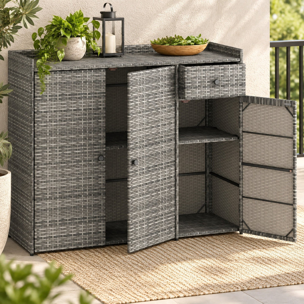 Airfind 3 Doors Outdoor PE Wicker Storage Cabinet for Deck, 110 lbs Capacity, PE Rattan Metal Frame, 48 x 17 x 40 Footprint, Gray