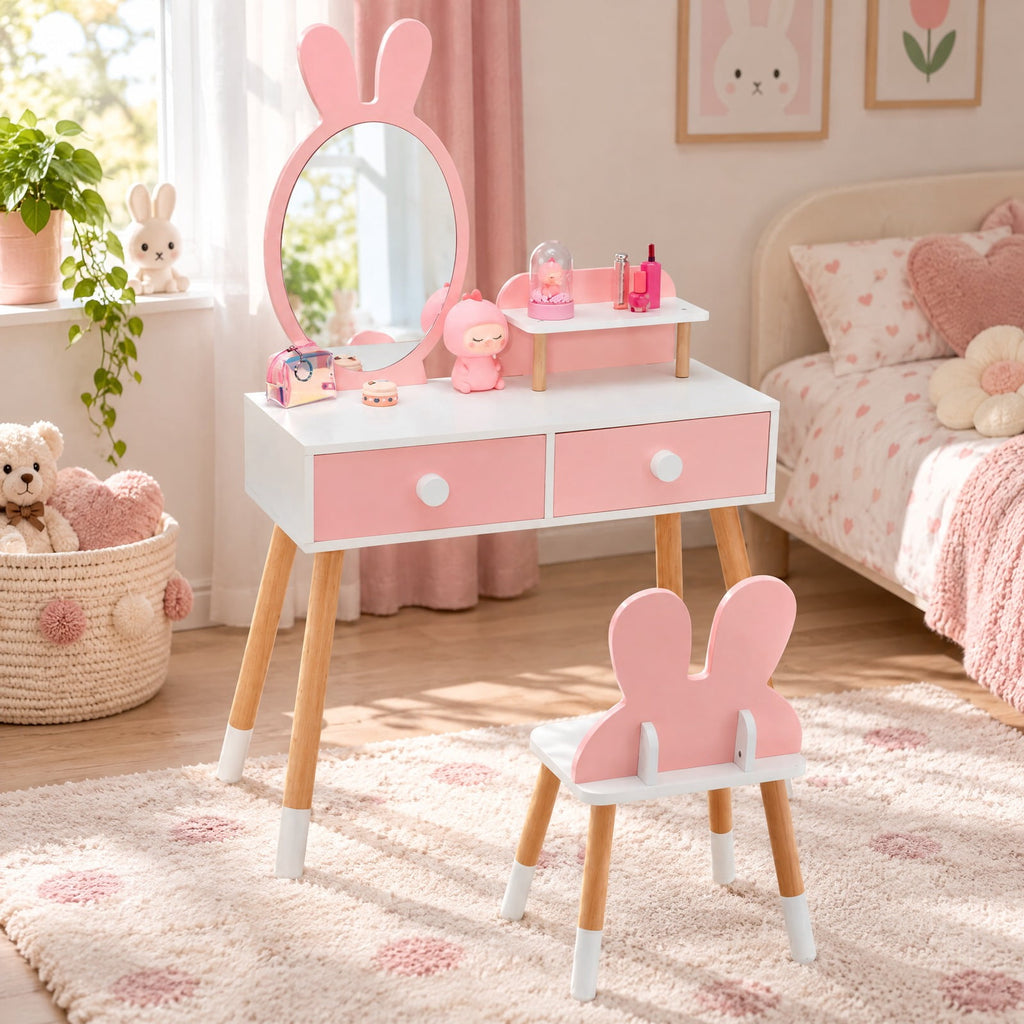 Airfind Kids Vanity Table and Chair Set with Drawer Shelf and Rabbit Mirror, 66 lbs Capacity, MDF Beech Wood Frame, Pink
