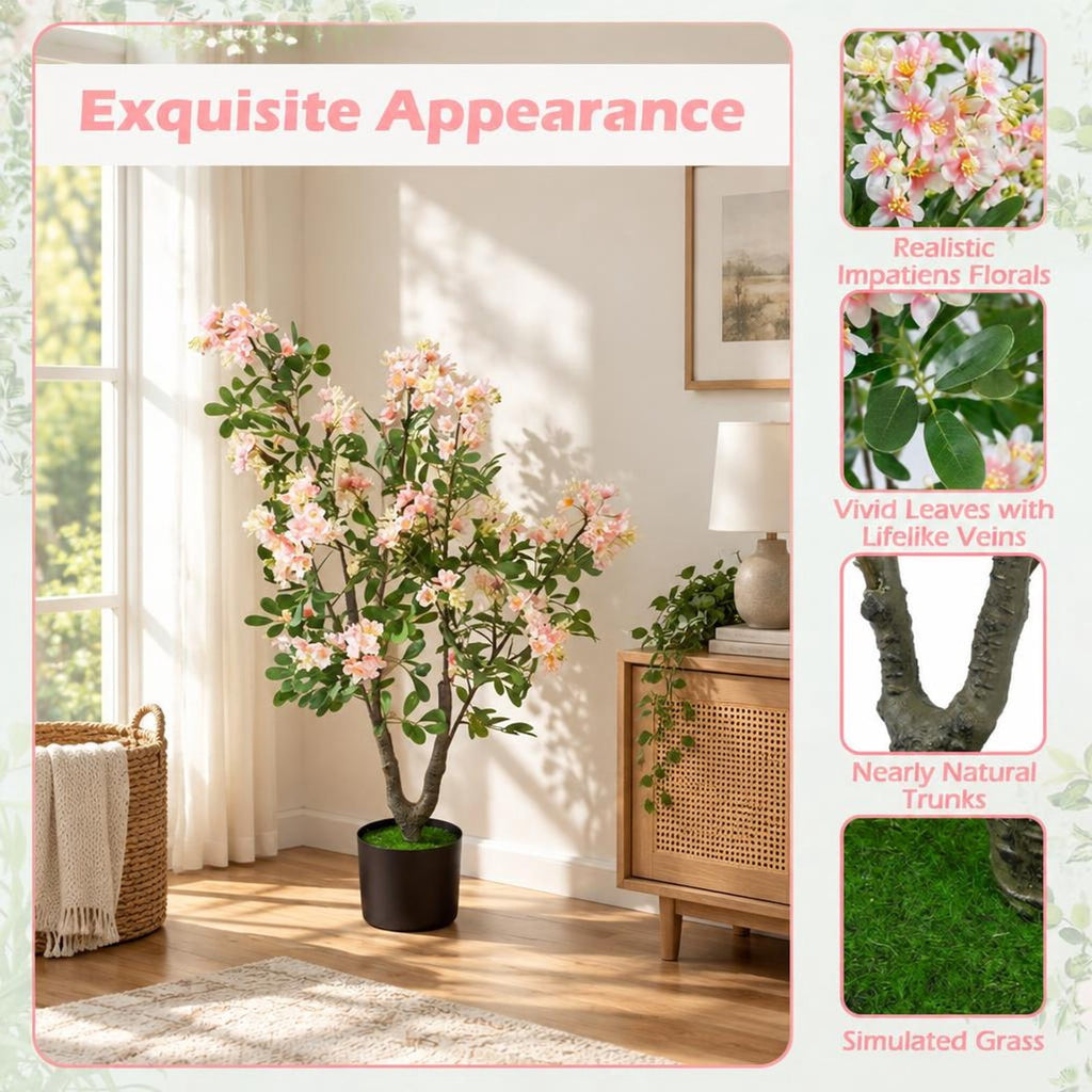 Airfind 36 Inch Set of 2 Artificial Impatiens Tree with Mini Fruits and Silk Flowers, PP PE Cement Silk Fabric Height 36 Inch Frame, Pink