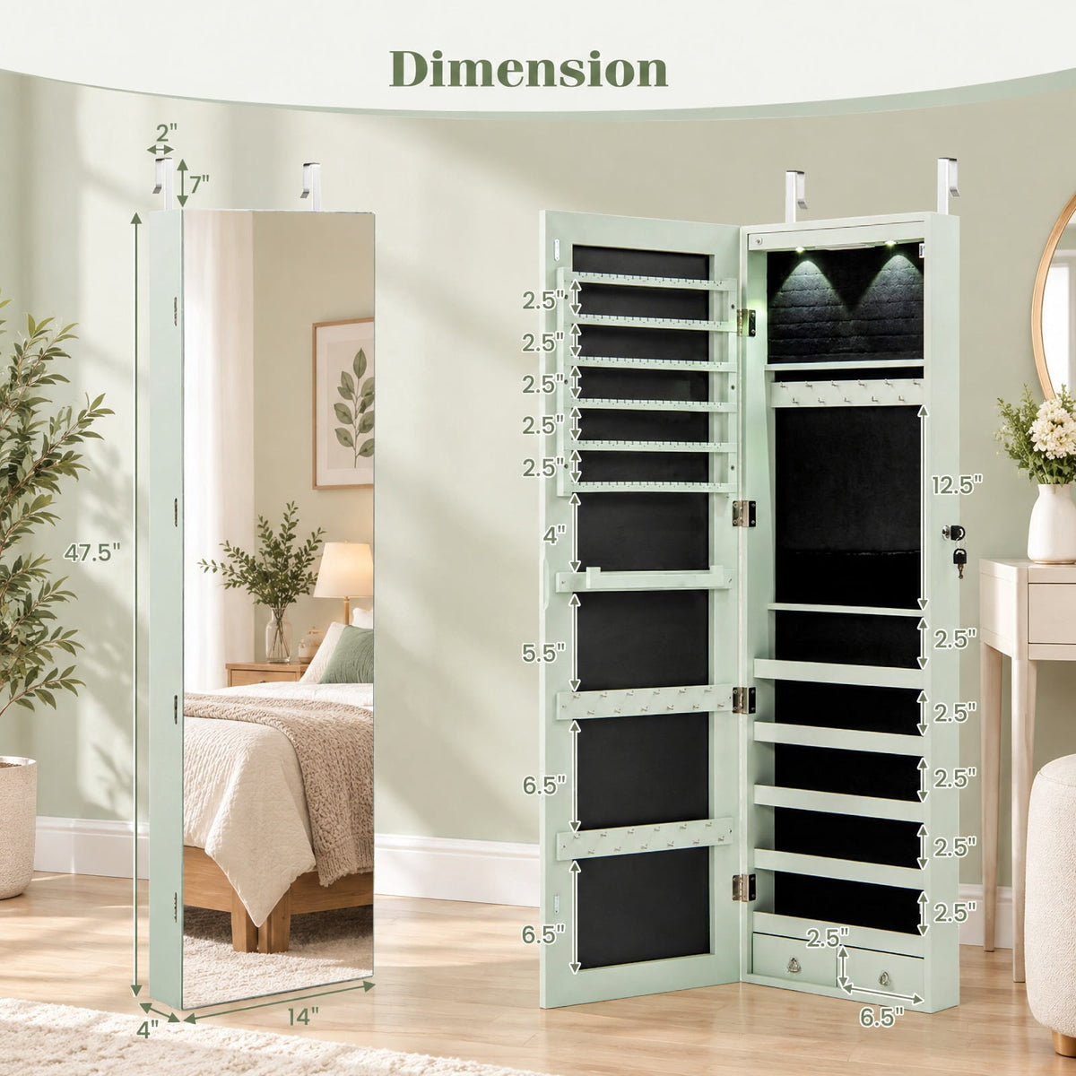 Airfind Wall and Door Mounted Mirrored Jewelry Cabinet with Lights, MDF Board Glass Mirror Frame, 14 Inch x 4 Inch x 54.5 Inch Footprint, Green