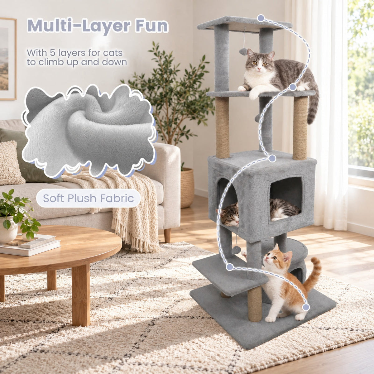 Airfind 64 Inch Tall Cat Tree with 2 Large Condos and Jute Scratching Posts for Indoor Adult Cats, 33 lbs Capacity, Light Grey